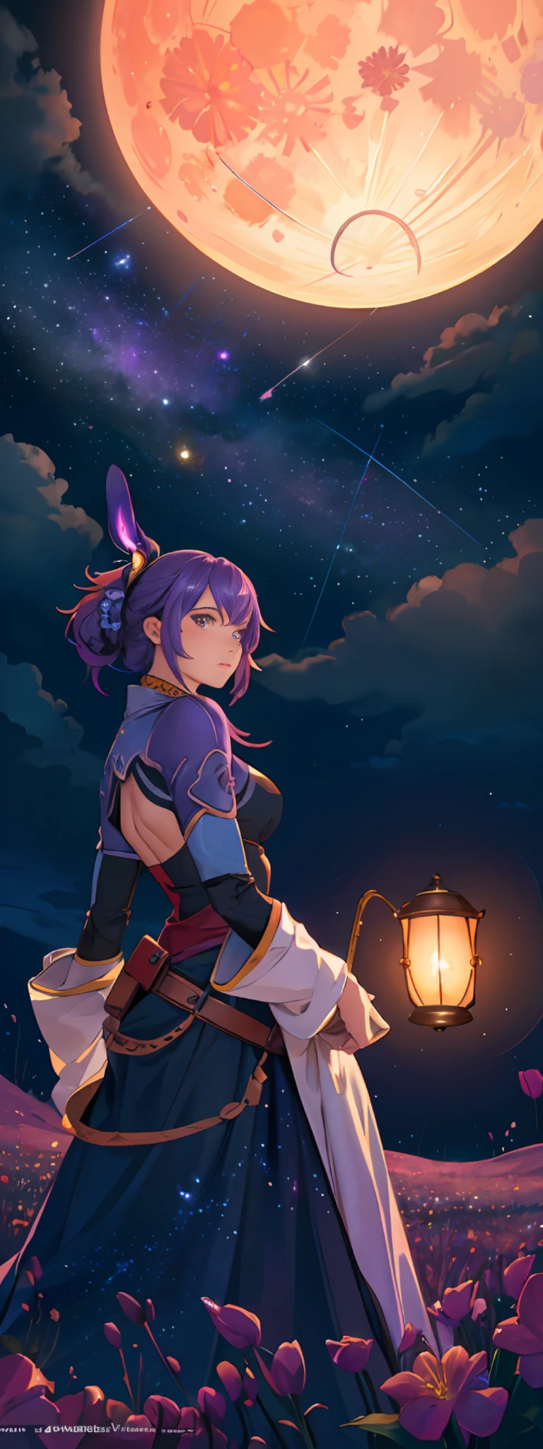 expansive landscape photography, (a view from below showing the sky above and the open field below), a Mandalorian girl standing in a field of flowers looking up, (full moon: 1.2), (shooting stars: 0.9), (nebula: 1.3), distant mountain, millennum falco production art, (hot light source: 1.2), (Firefly: 1.2), lamp, very purple and orange, complex details, volumetric lighting, realism BREAK (masterpiece: 1.2), (best quality), 4k, ultra-detailed, (dynamic composition: 1.4), highly detailed, colorful details, (iridescent colors: 1.2), (bright lighting, atmospheric lighting), dreamy, magical, (solo: 1.2)