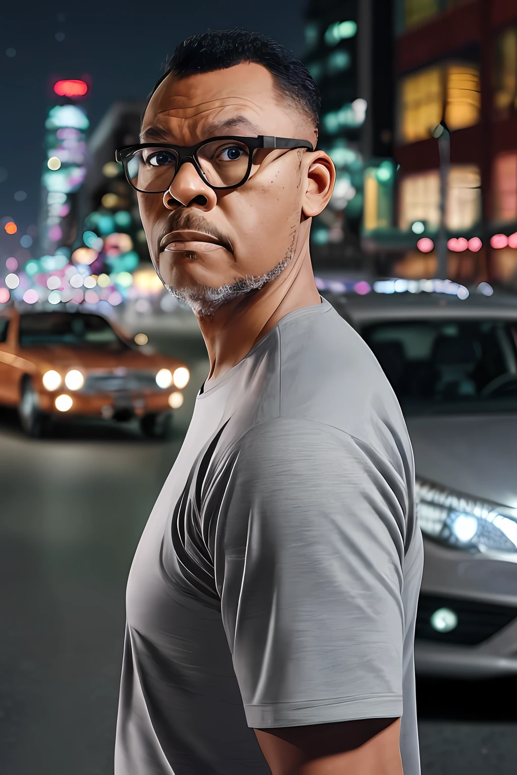 GuttonerdVision3, a drawing of a bespectacled man with a hyper-detailed face, wearing social clothing with a tie, posing next to his silver gray sedan car. Street, night, illuminated buildings, hyperrealistic background, background blur. By Alex Ross, detailed, 8k