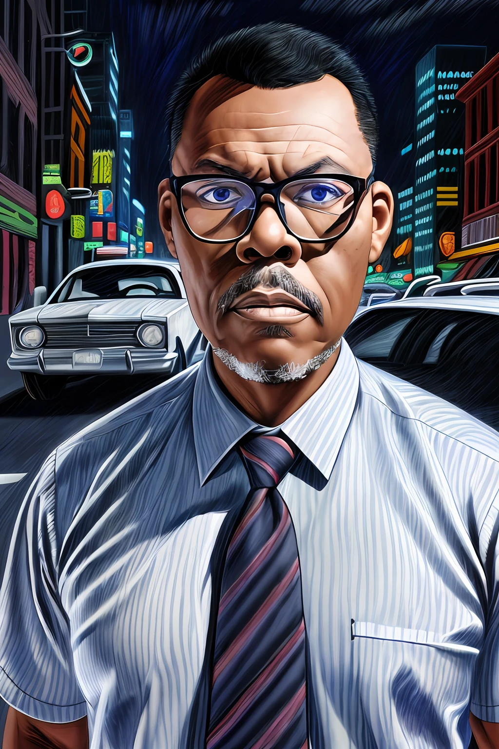 GuttonerdVision3, a drawing of a bespectacled man with a hyper-detailed face, wearing social clothing with a tie, posing next to his silver gray sedan car. Street, night, illuminated buildings, hyperrealistic background, background blur. By Alex Ross, detailed, 8k