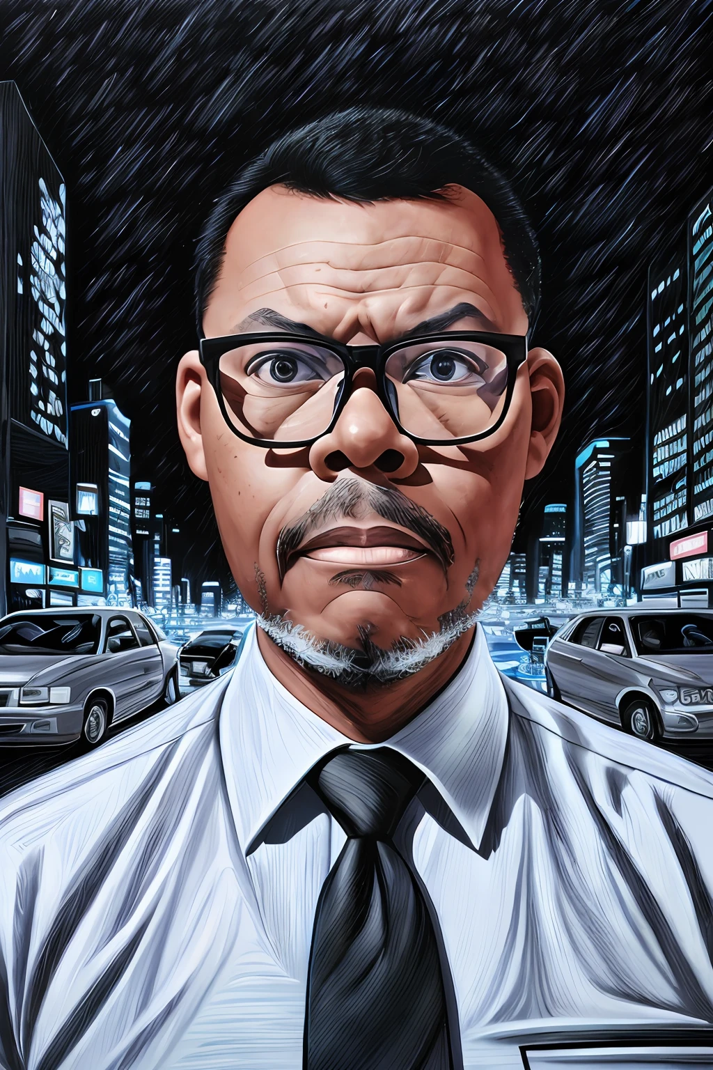 GuttonerdVision3, a drawing of a bespectacled man with a hyper-detailed face, wearing social clothing with a tie, posing next to his silver gray sedan car. Street, night, illuminated buildings, hyperrealistic background, background blur. By Alex Ross, detailed, 8k