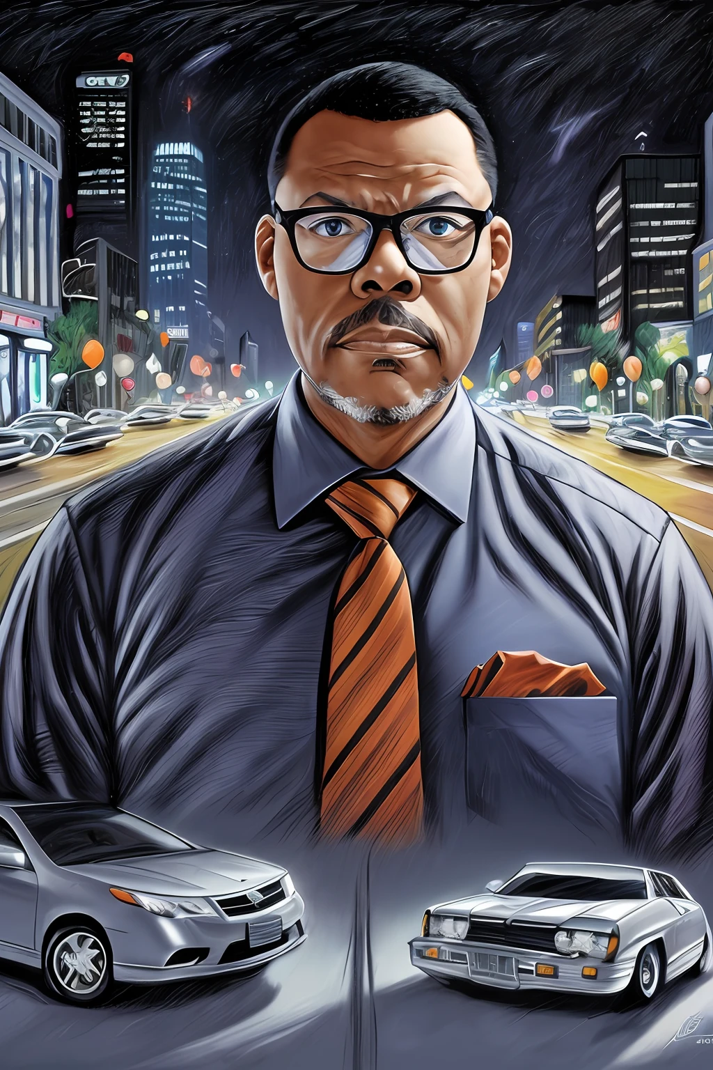 GuttonerdVision3, a drawing of a bespectacled man with a hyper-detailed face, wearing social clothing with a tie, posing next to his silver gray sedan car. Street, night, illuminated buildings, hyperrealistic background, background blur. By Alex Ross, detailed, 8k