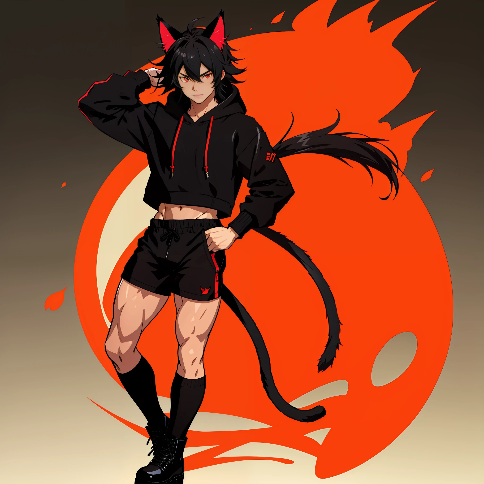 one boy, toned, flexing, sharp big cat ears, cat tail, big black messy hair, extremely vibrant red eyes, masterpiece, vibrant, micro thong , slim dark black hoodie, full body view, neutral face, black thigh socks, combat boots.