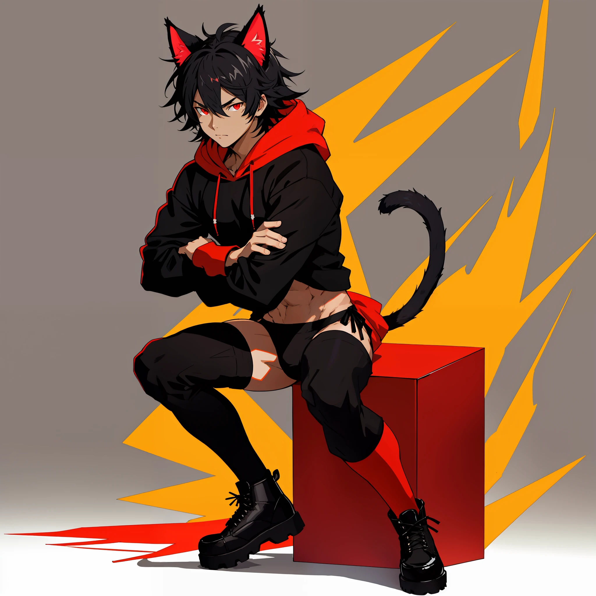 one boy, toned, flexing, sharp big cat ears, cat tail, big black messy hair, extremely vibrant red eyes, masterpiece, vibrant, micro thong , slim dark black hoodie, full body view, neutral face, black thigh socks, combat boots.