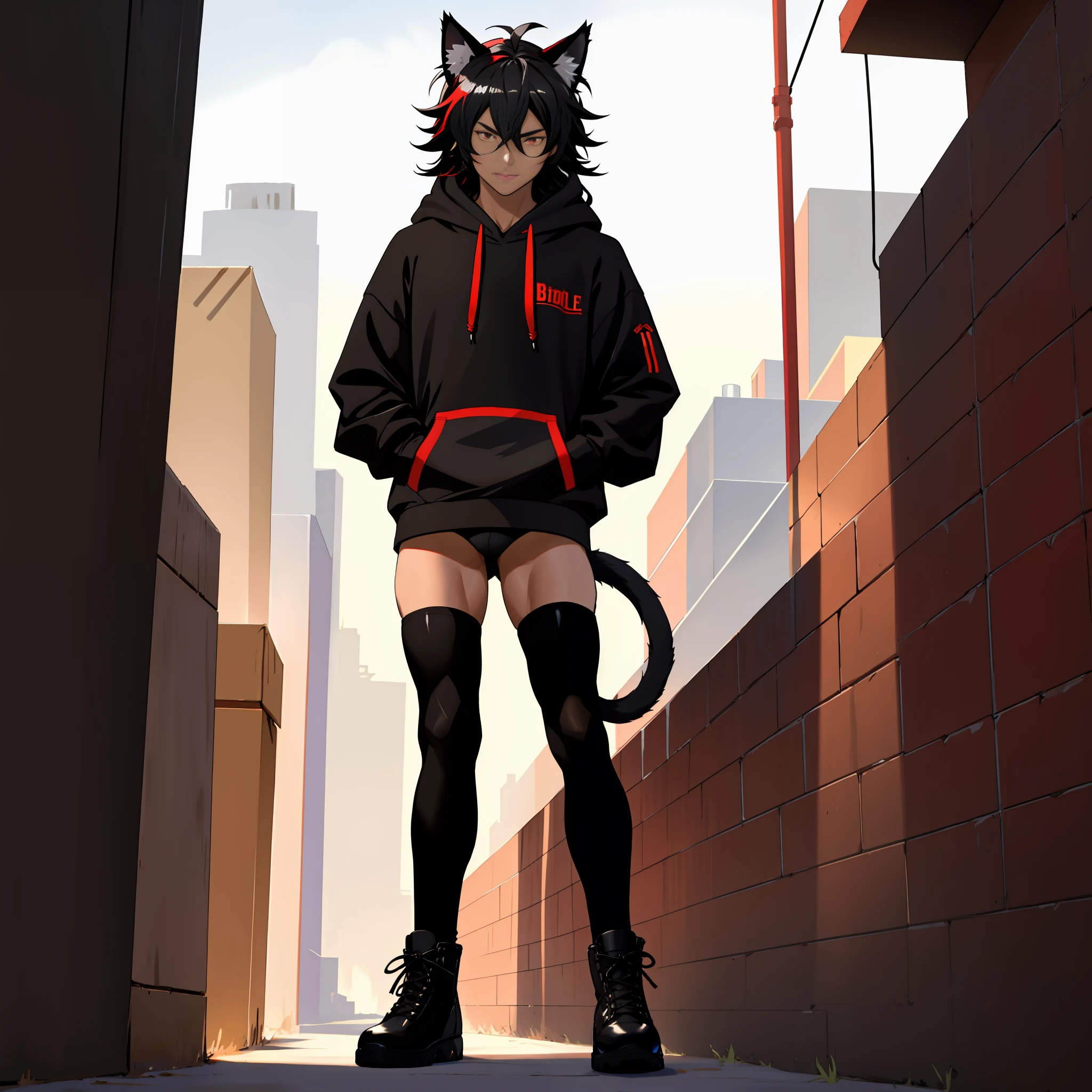 one boy, toned, flexing, sharp big cat ears, cat tail, big black messy hair, extremely vibrant red eyes, masterpiece, vibrant, micro thong , slim dark black hoodie, full body view, neutral face, black thigh socks, combat boots.