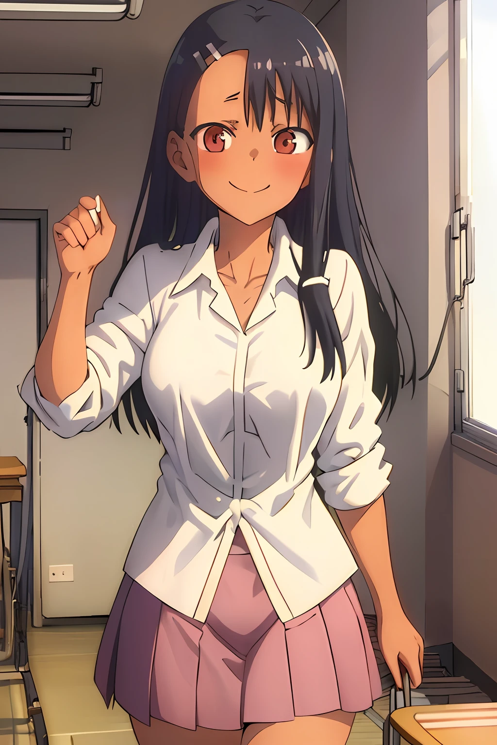 ((masterpiece:1.2)), best quality, nagatoro hayase, pretty face, large_breasts, white shirt, pink skirt, cowboy_shot, looking_at_viewer, light smile, closed_mouth, school room, anime screencap