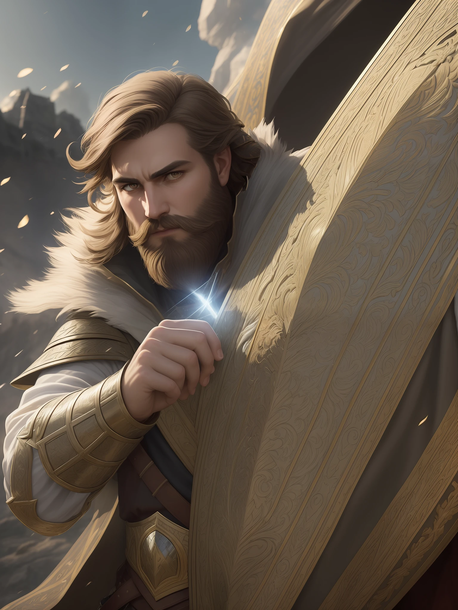 "A talented squire, defending his kingdom with a shining shield, highlighting his subtle trimmed beard and short hair. The art needs to capture its noble and courageous air, with a skillful lighting and ultra-detailed details. The backdrop should capture the intense and dangerous battle he strives for, allowing for a dramatic contrast between light and shadow."