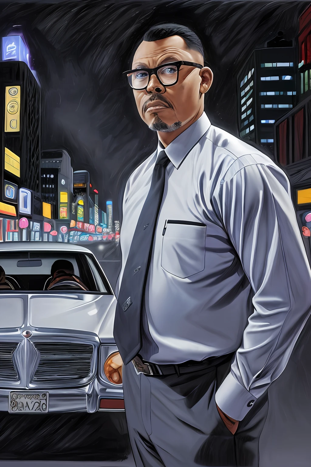 GuttonerdVision3, a drawing of a bespectacled man with a hyper-detailed face, wearing social clothing with a tie, posing next to his silver gray sedan car. Street, night, illuminated buildings, hyperrealistic background, background blur. By Alex Ross, detailed, 8k