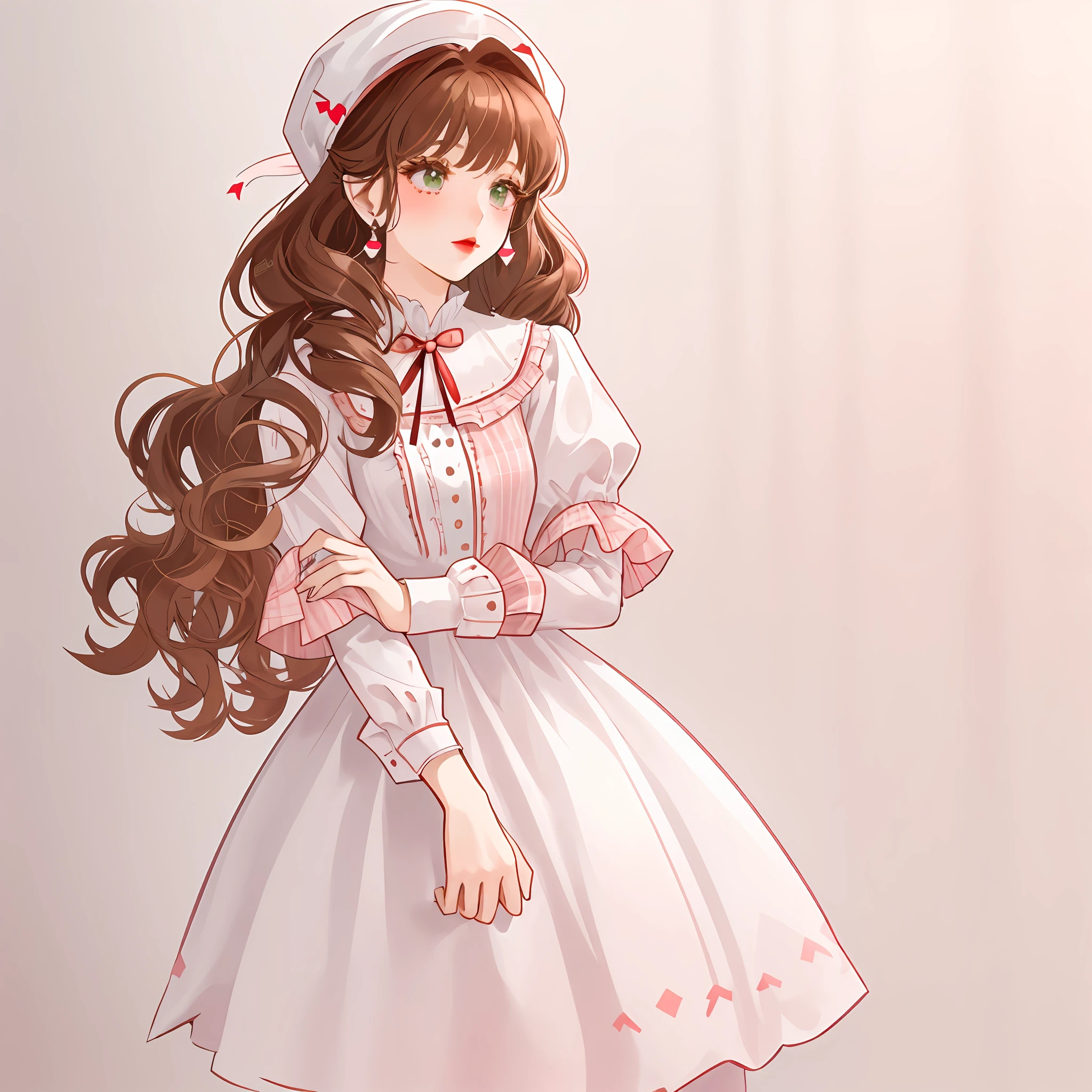 Girl in a white dress and pink plaid hat holding a cell phone, plain white tight clothes suit, white tights with red ribbon, red heart earrings, brown hair, bangs, curly hair, emerald eyes, red lips, eyelashes,