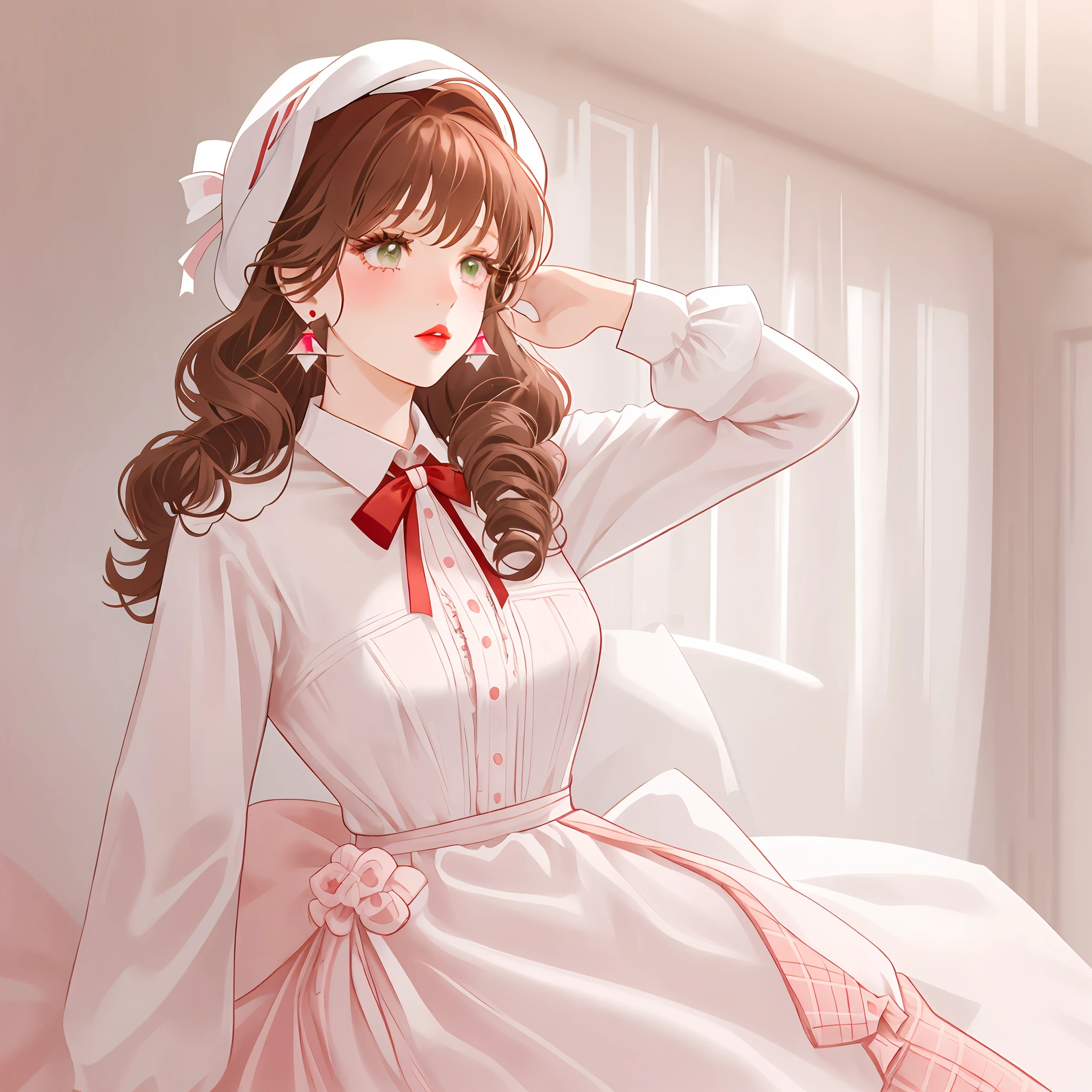 Girl in a white dress and pink plaid hat holding a cell phone, plain white tight clothes suit, white tights with red ribbon, red heart earrings, brown hair, bangs, curly hair, emerald eyes, red lips, eyelashes,