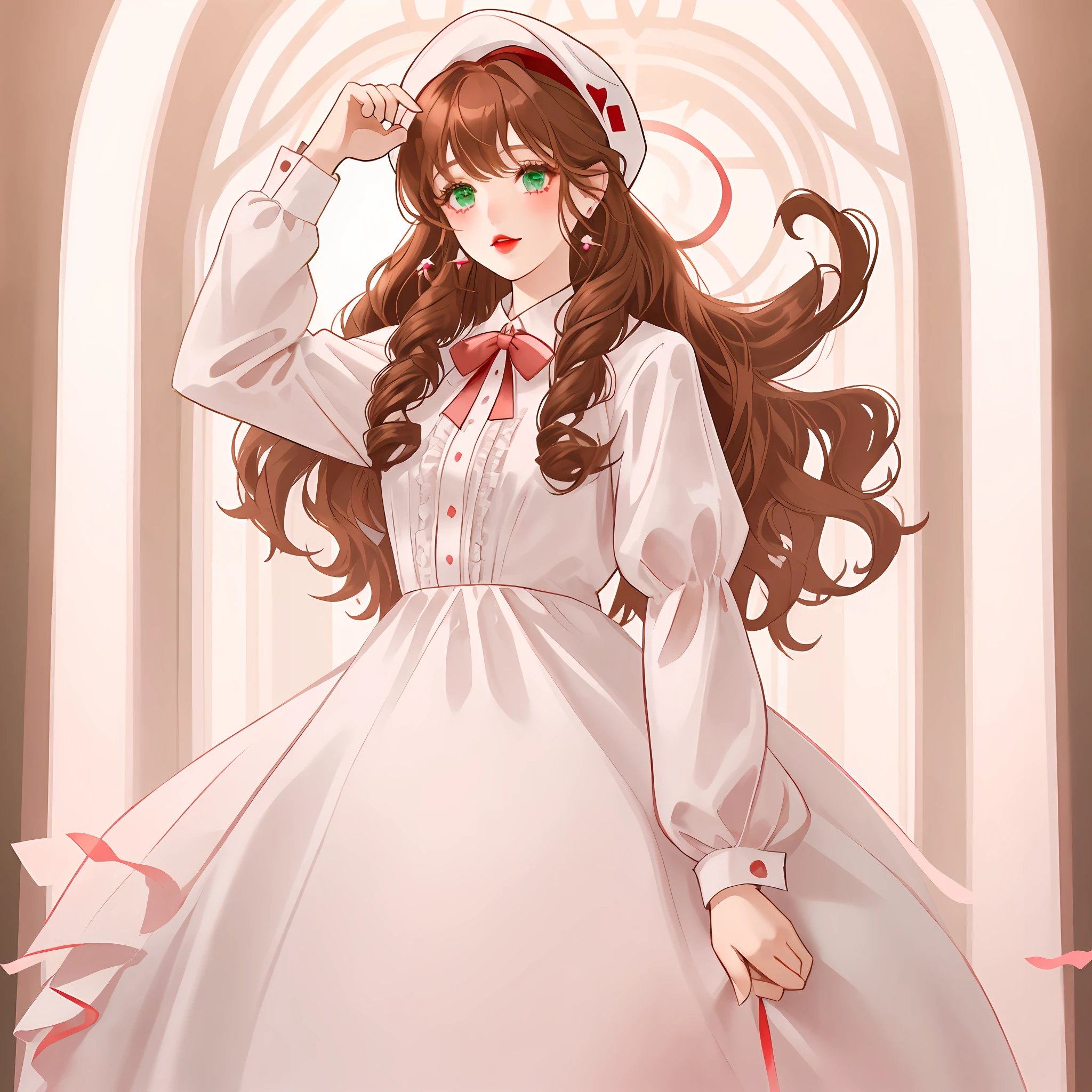 Girl in a white dress and pink plaid hat holding a cell phone, plain white tight clothes suit, white tights with red ribbon, red heart earrings, brown hair, bangs, curly hair, emerald eyes, red lips, eyelashes,