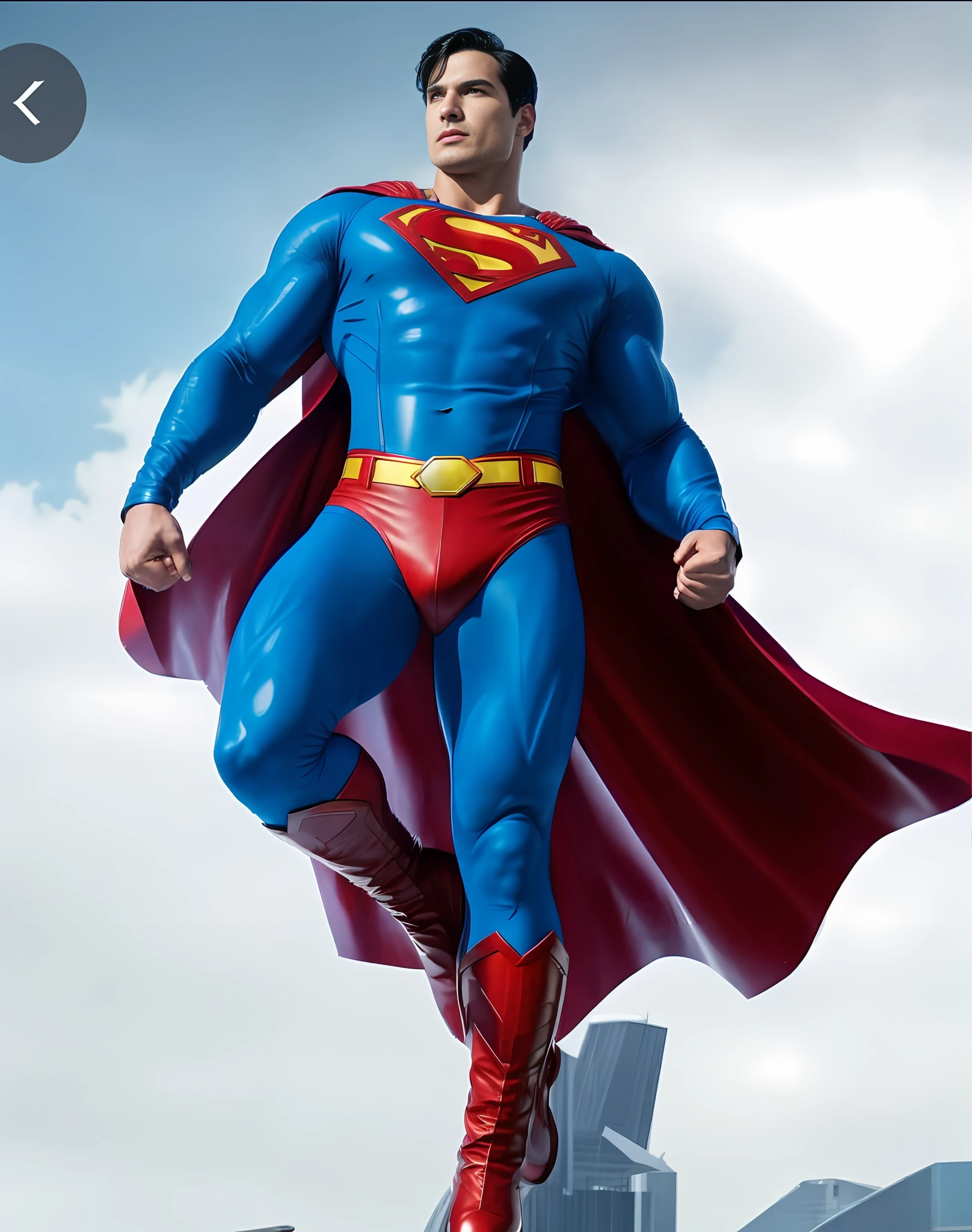 Superman, super muscular body, leather suit, textured outfit, red cape.