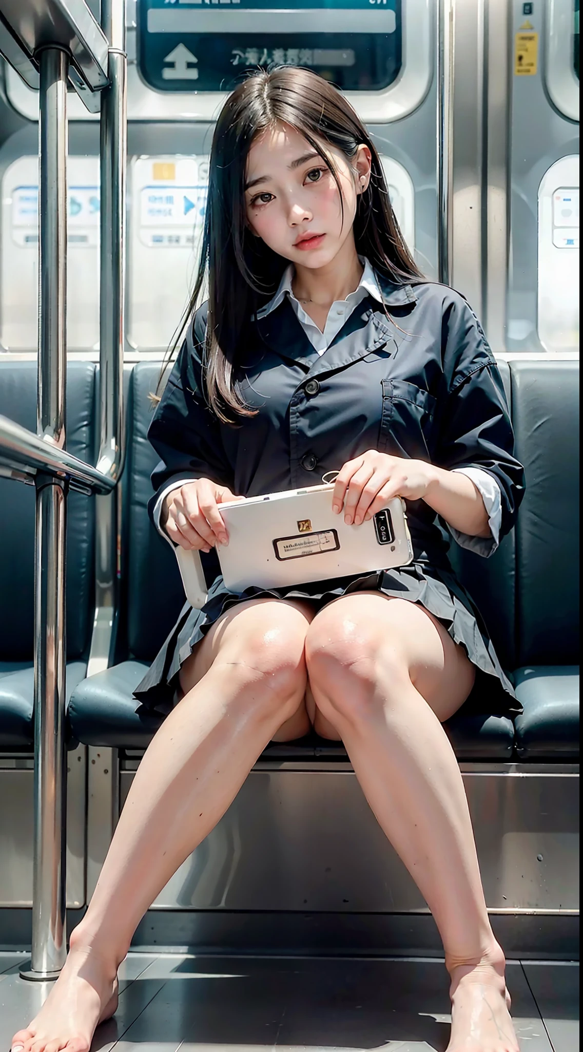 "(Masterpiece, High Definition, Ultra High Definition, 4K) Black hair, ************ Japan girl, uniform skirt, emphasizing thighs, white thighs, soft thighs, glossy thighs, sitting on the train, face-to-face angle, (angle from below),sitting in the train seat,Sitting in front,Zoom camera in the crotch,Feet on the train floor,Full body,Looking down and sleepy,Looking at the viewer only", best quality, ultra high definition, (photorealistic:1.4),, high resolution, detail, raw photo, sharp re, Nikon D850 film stock photo by Lee Jefferies 4 kodak portra 400 camera f1.6 lens rich colors hyper realistic lively textures dramatic lighting unreal engine artstation trends cinestir 800,