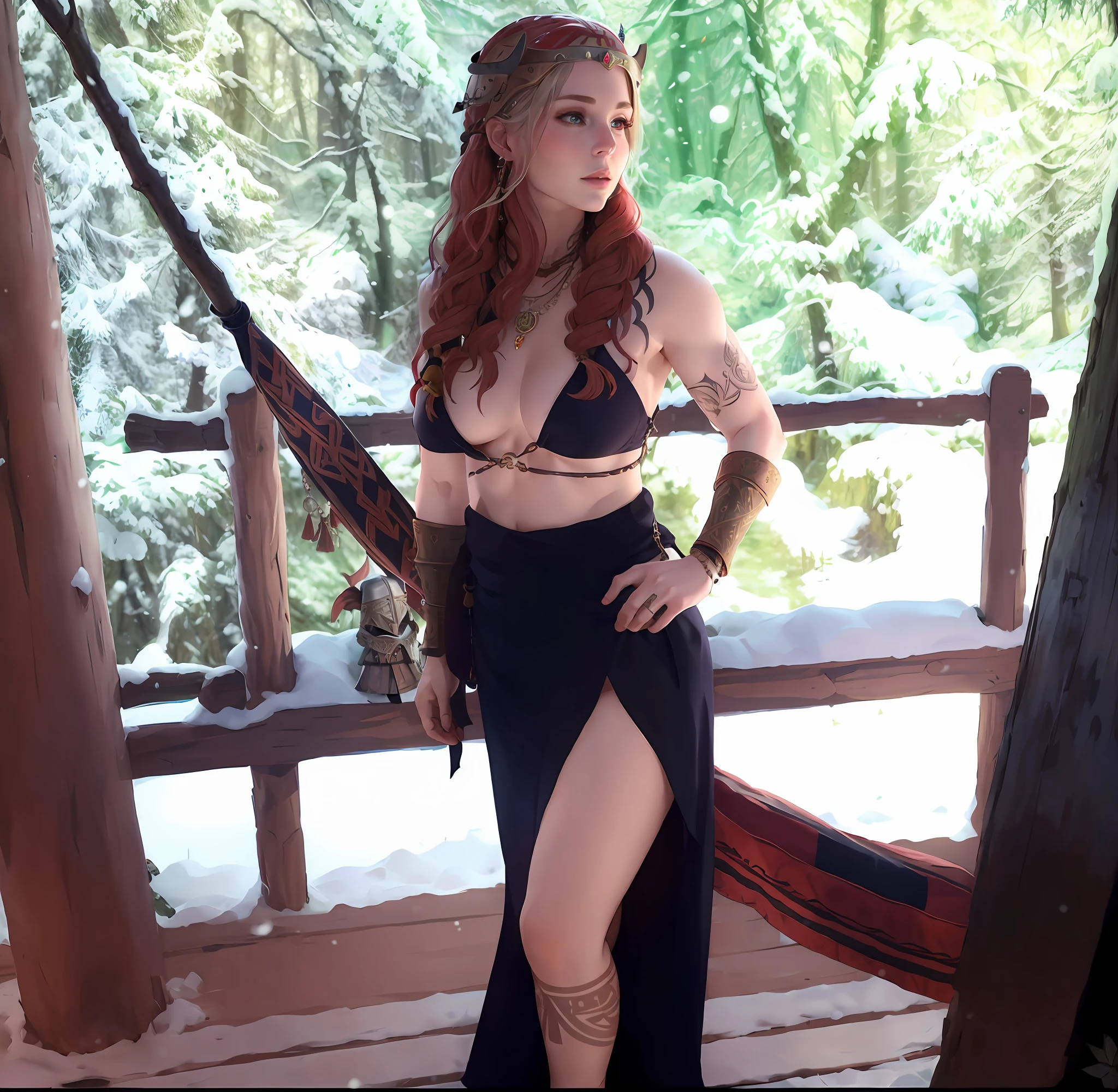 Woman with viking clothes, medieval necklaces, background of a forest with snow, viking helmet on the ground, crows on top of the balcony, masterpiece, best quality, cinematic focus, perfect lighting, tattoos by the body