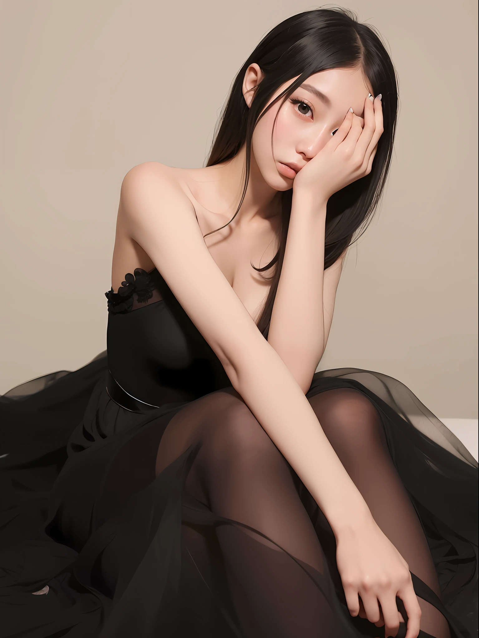 araffe woman in a black dress sitting on a white surface, dilraba dilmurat, gorgeous chinese model, wenfei ye, sha xi, ruan jia beautiful!, xintong chen, lu ji, li zixin, jia, a stunning young ethereal figure, by Ni Tian, by Xia Yong, inspired by Tang Yifen, inspired by Fei Danxu
