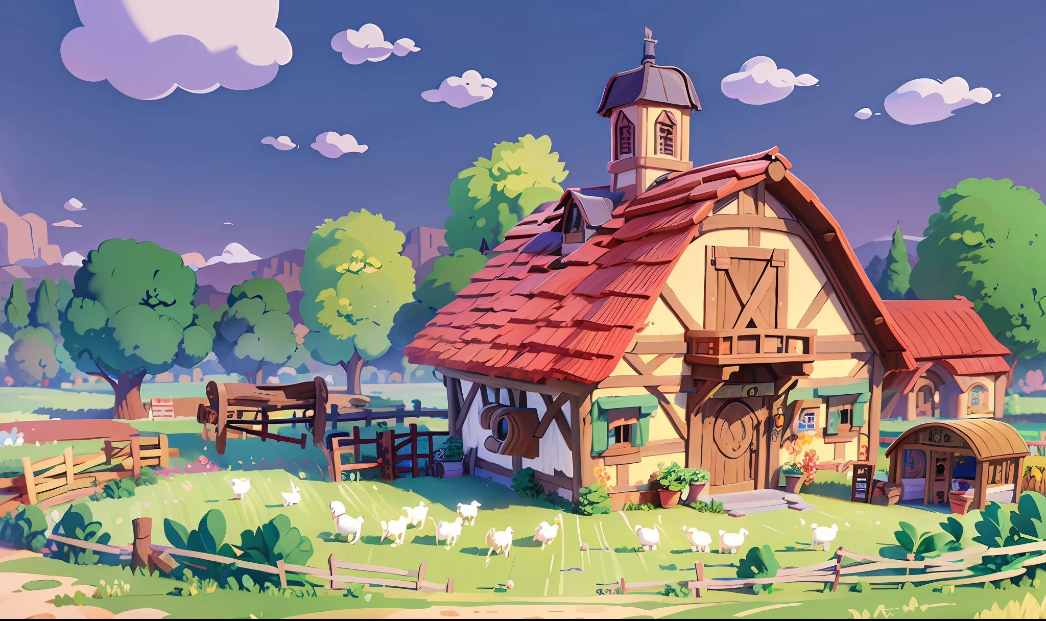 Best Quality, Masterpiece, European and American Cartoon Scenes, Large Farm Building, Intricate Design, Farm Pen and Crop Background, Best Quality, 32k --v 6