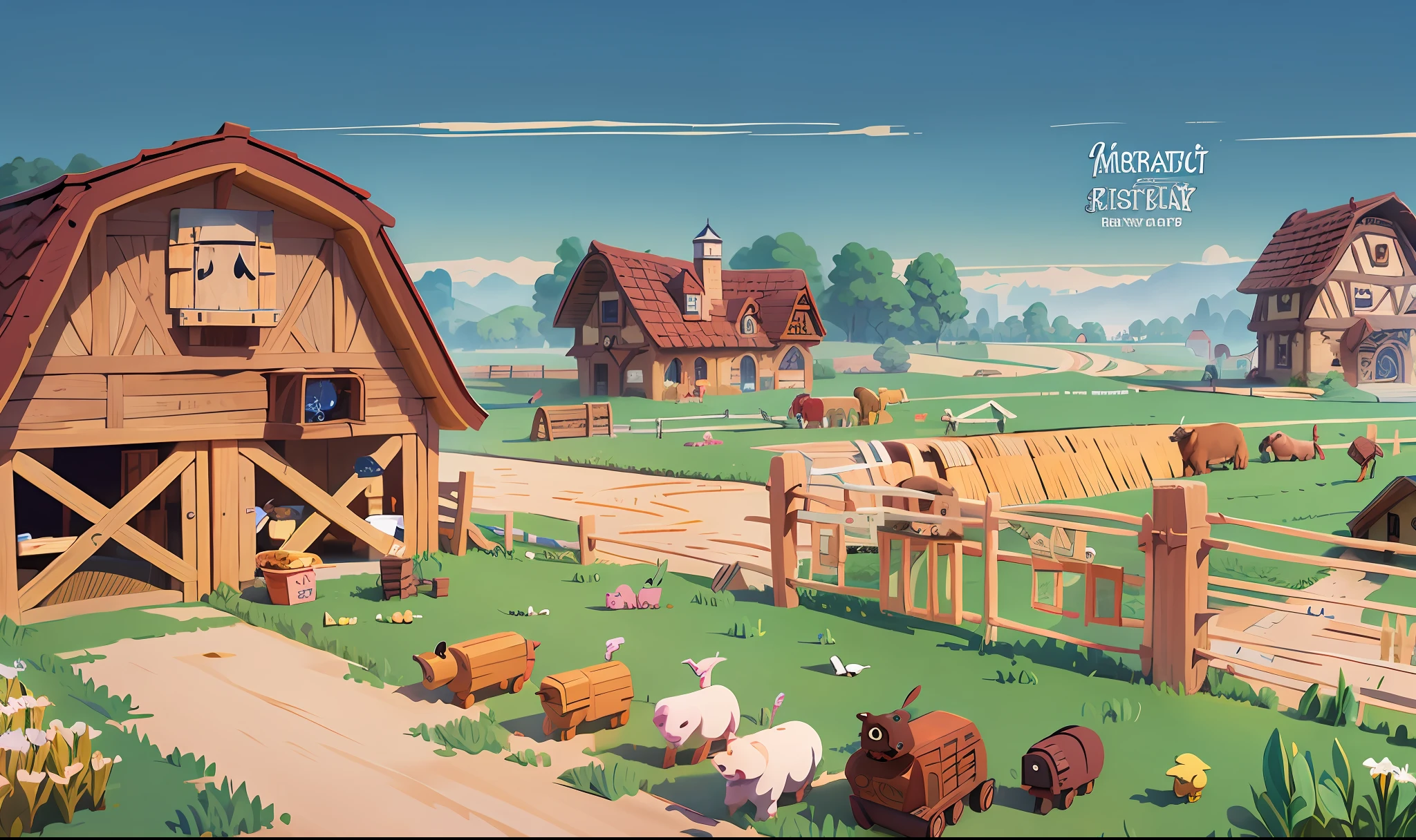 Best Quality, Masterpiece, European and American Cartoon Scenes, Large Farm Building, Intricate Design, Farm Pen and Crop Background, Best Quality, 32k --v 6