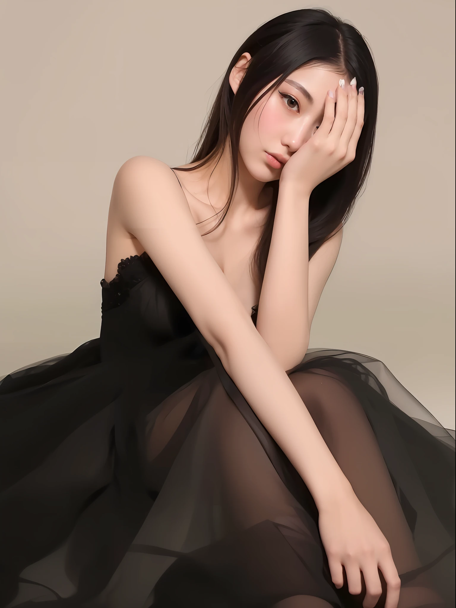 araffe woman in a black dress sitting on a white surface, dilraba dilmurat, gorgeous chinese model, wenfei ye, sha xi, ruan jia beautiful!, xintong chen, lu ji, li zixin, jia, a stunning young ethereal figure, by Xia Yong, by Ni Tian, inspired by Fei Danxu, inspired by Tang Yifen