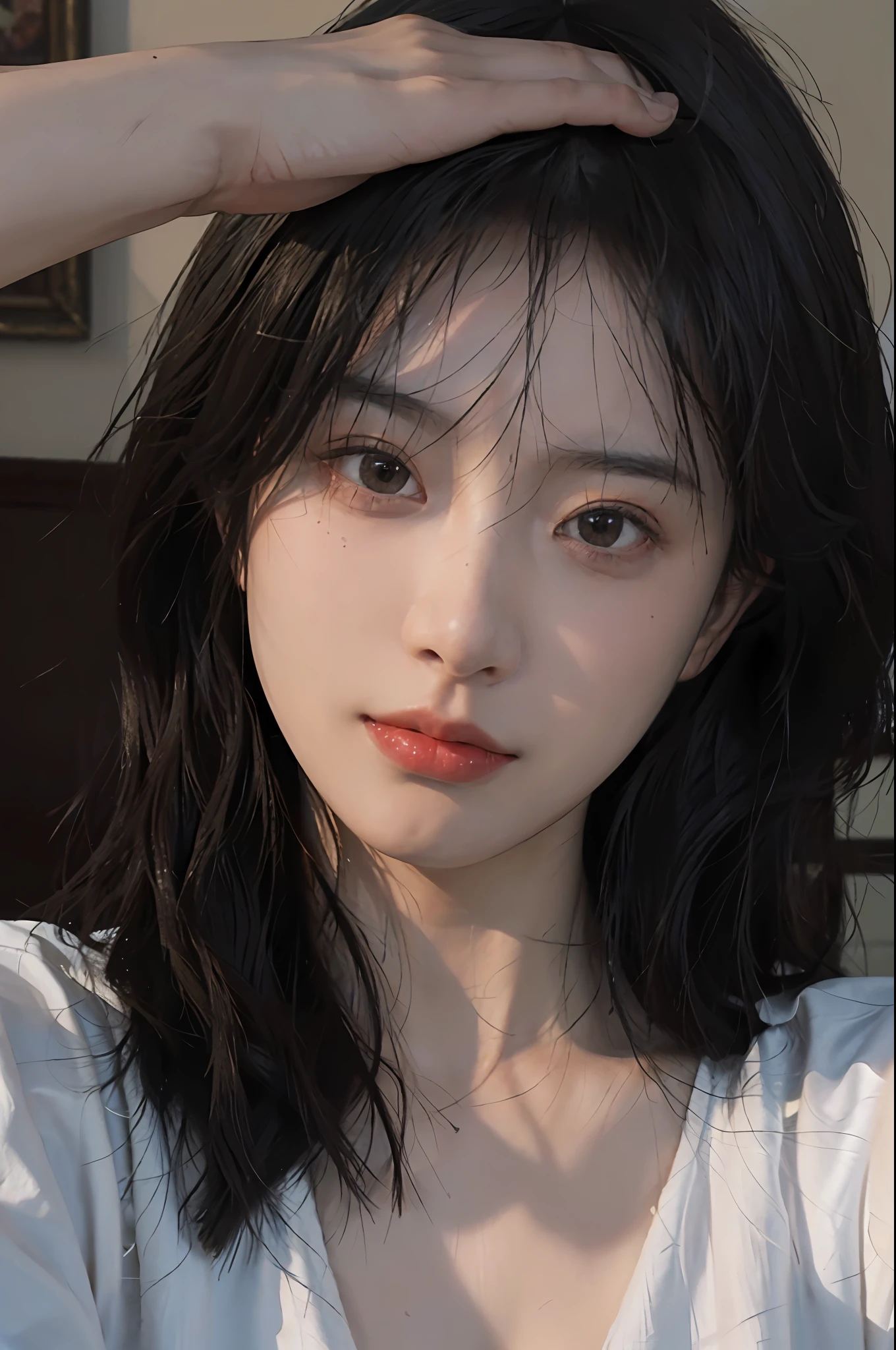 8K, Best Quality, Masterpiece, Ultra High Resolution, (Realism: 1.4), Original Photo, (Real Skin Texture: 1.3), (Film Grain: 1.3), (Selfie Angle), 1 Girl, Beautiful Ruby Eyes and Exquisite Face Details, Masterpiece, Best Quality, Close-up, Upper Body, Looking at the Viewer
