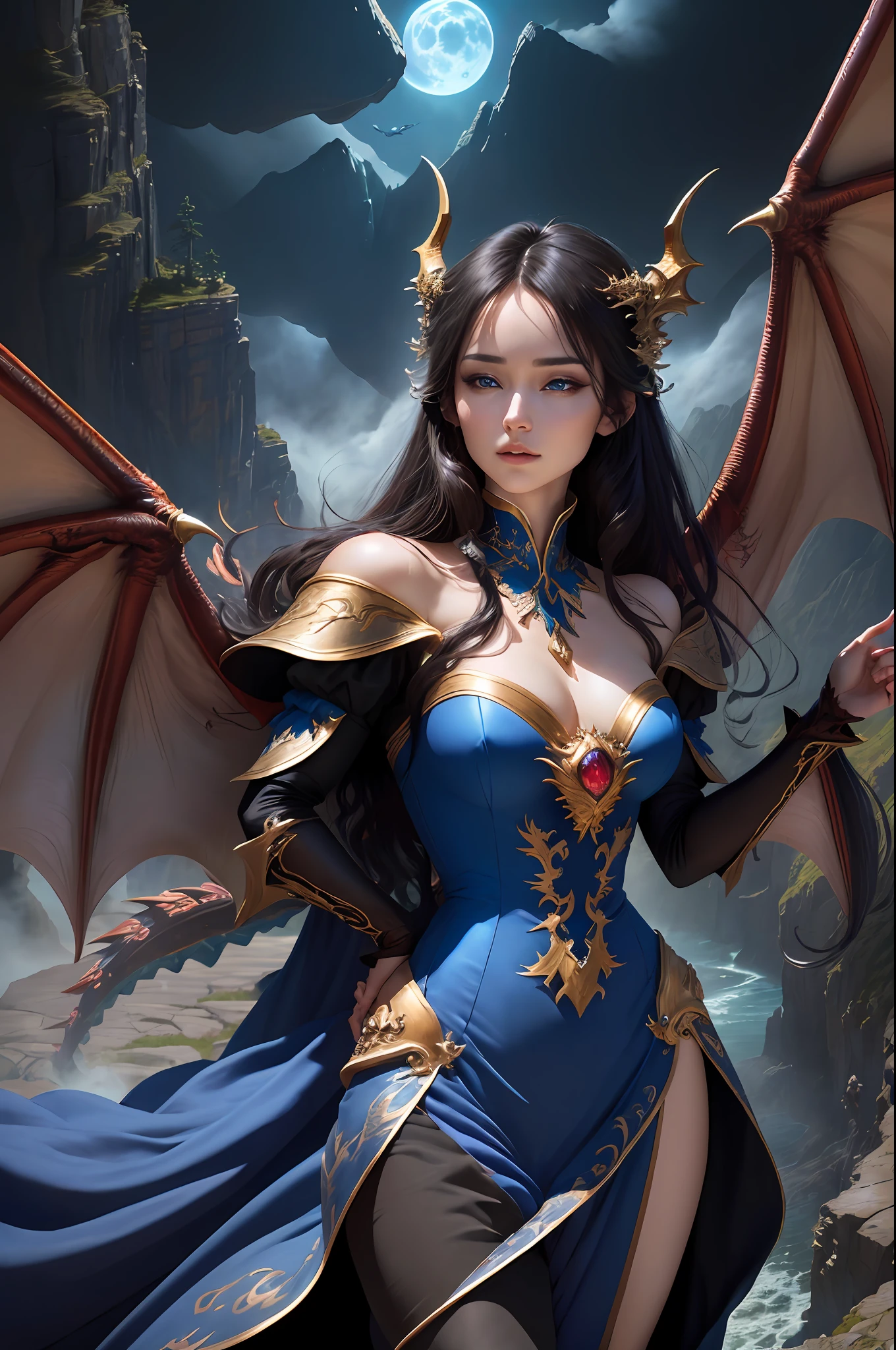 ((best quality)), ((masterpiece)), (detailed), dragon emperatriz, realistic eyes, black hair, blue eyes, small breasts, sensual korean setin dress,dragon wings, evil landscape, ethereal beauty, (fantasy illustration:1.3), charming look, captivating pose, solo girl, supernatural charm, mystical sky, (anime), moonlit night, soft colors, (detailed cloudy landscape:1.3), (high resolution:1.2) (bluish dragon flying in the sky) dressed,  flying over a gorge, an army passing far into a gorge below.