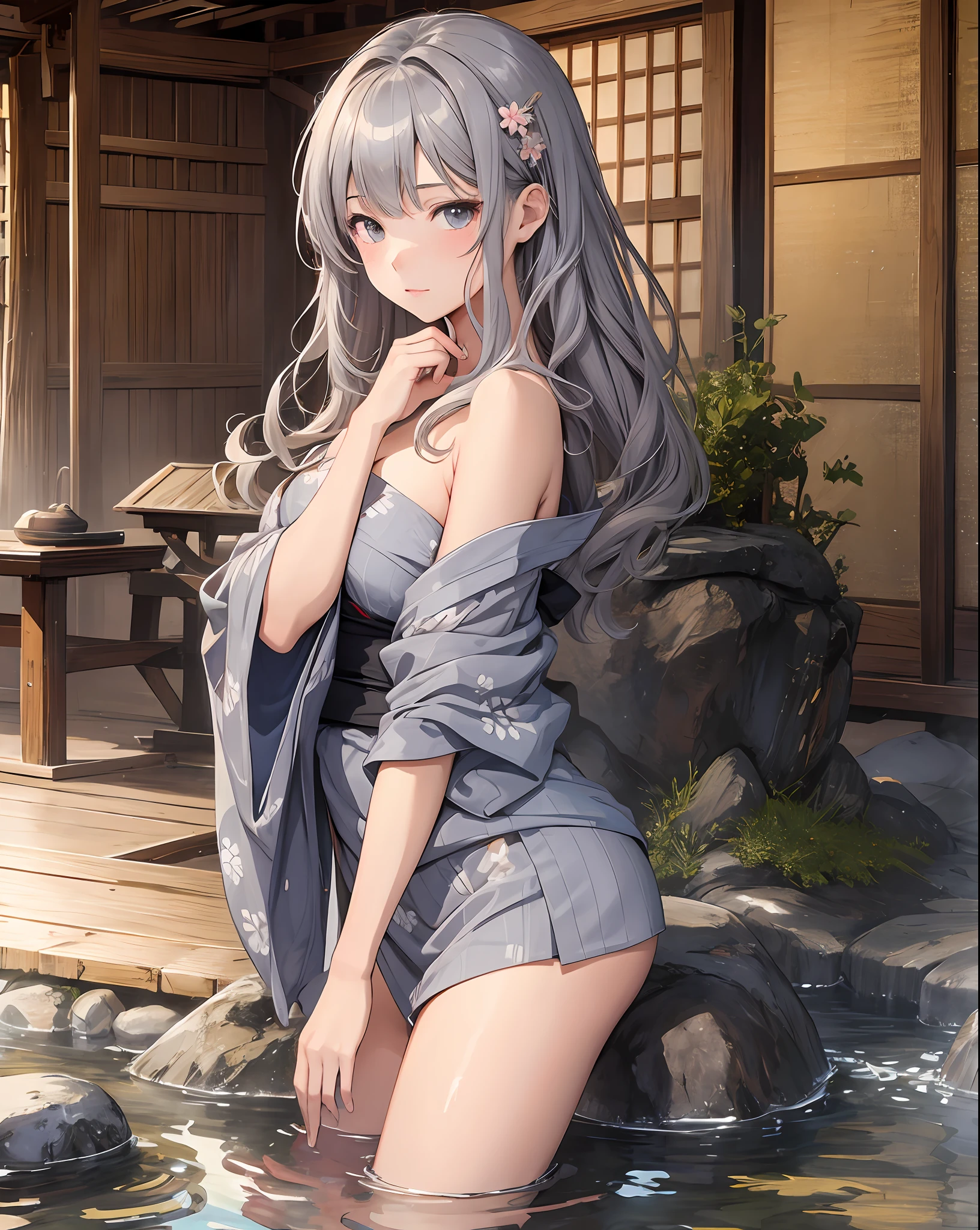 Masterpiece, Best Quality, Official Art, Beautiful, Lively Textures, Unique Visuals, Spectacular Details, Very Detailed CG, Solidarity Cooperation, 8K Wallpapers, Extremely Beautiful Eyes, Best Quality, Details First, Super Delicate, High Quality, 1 Girl, Gray Hair, Yukata, Onsen.