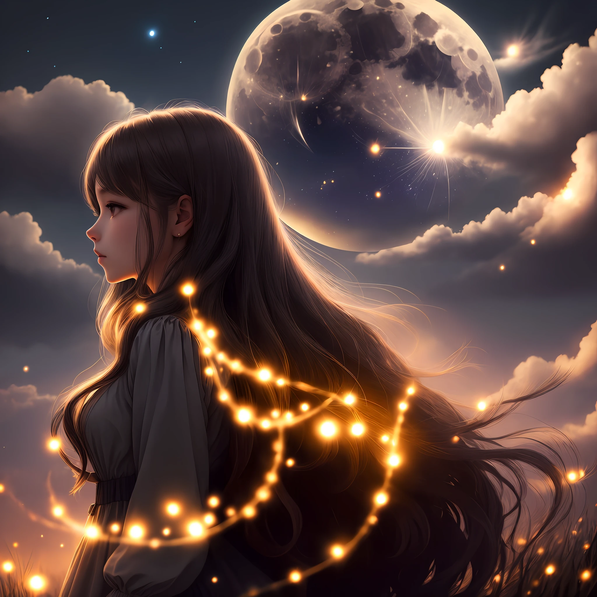 Masterpiece, Best Quality, Night, Hill, Clouds, Full Moon, Long Hair, Woman, Silhouette, Fireflies.