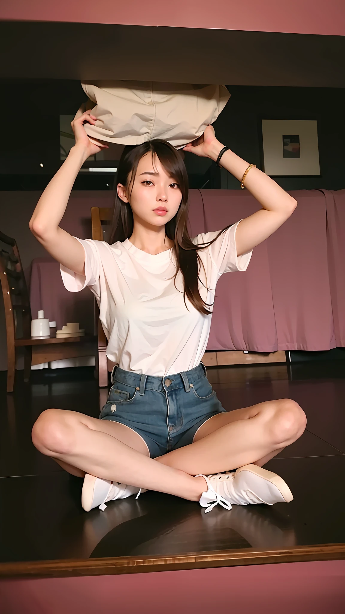 a woman sitting on a table holding a pillow over her head, pretty face with arms and legs, photo of slim girl model, photo of slim girl, chinese girl, a cute young woman, casual pose, wearing casual clothes, xintong chen, cute young woman, korean girl, full body cute young lady, attractive pose, full body xianxia, wenfei ye