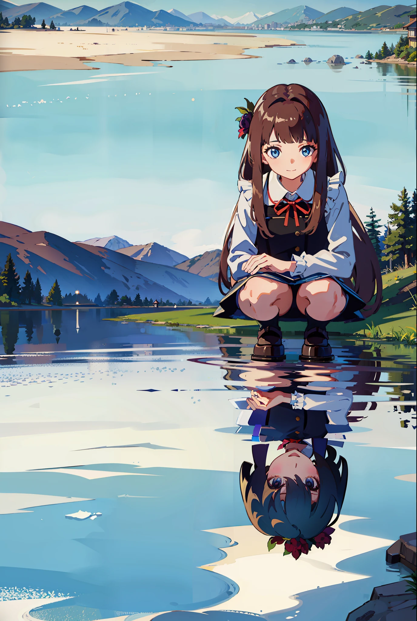Masterpiece, best quality, smile, 1girl, bangs, blue eyes, mid, brown shoes, brown hair, white dress, frills, full body, long hair, long sleeves, looking at the audience, shoes, sitting, solo, lake, flowers
