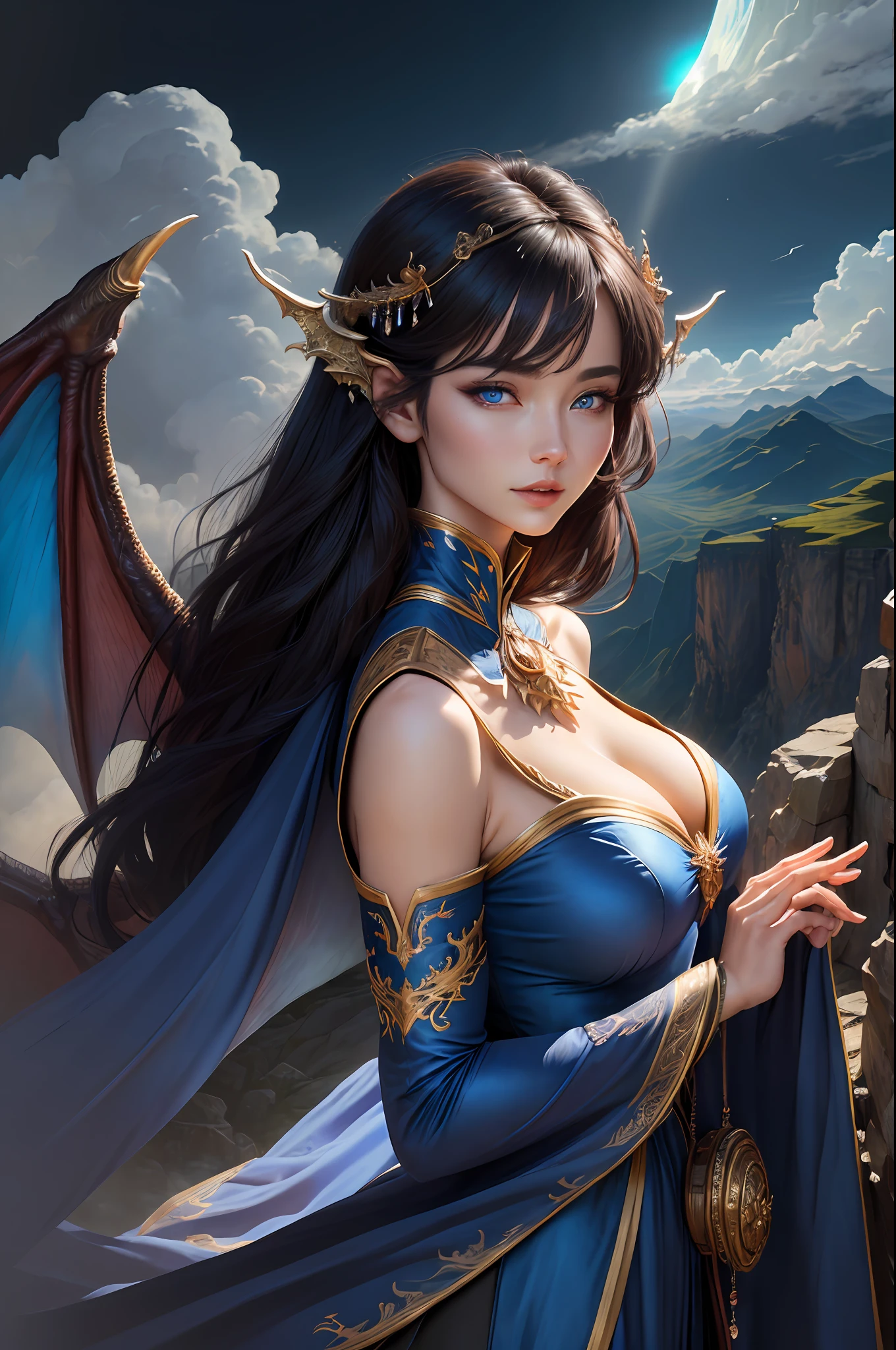 ((best quality)), ((masterpiece)), (detailed), dragon emperatriz, realistic eyes, black hair, blue eyes, small breasts, blue sensual korean setin dress,symmetrical dragon wings, evil landscape, ethereal beauty, (fantasy illustration:1.3), charming look, captivating pose, solo girl, supernatural charm, mystical sky, (anime), moonlit night, soft colors, (detailed cloudy landscape:1.3), (high resolution:1.2) dressed, flying over a gorge,  An army passing far away in a gorge below.