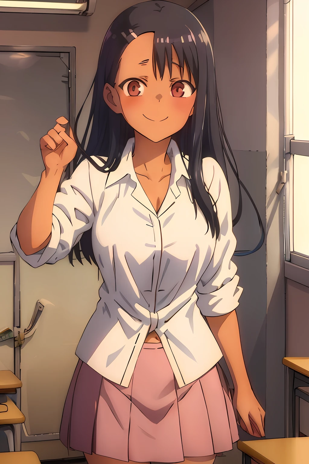 ((masterpiece:1.2)), best quality, nagatoro hayase, pretty face, large_breasts, white shirt, pink skirt, cowboy_shot, looking_at_viewer, light smile, closed_mouth, school room, anime screencap