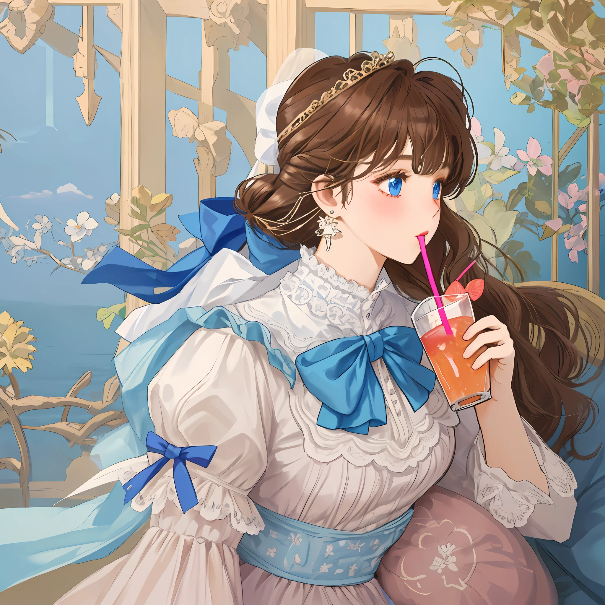 Girl drinking a drink with a straw in her hand, challenge wardrobe, 80's dress, brown hair, straight bangs, blue eyes, profile, earrings in bow cap,