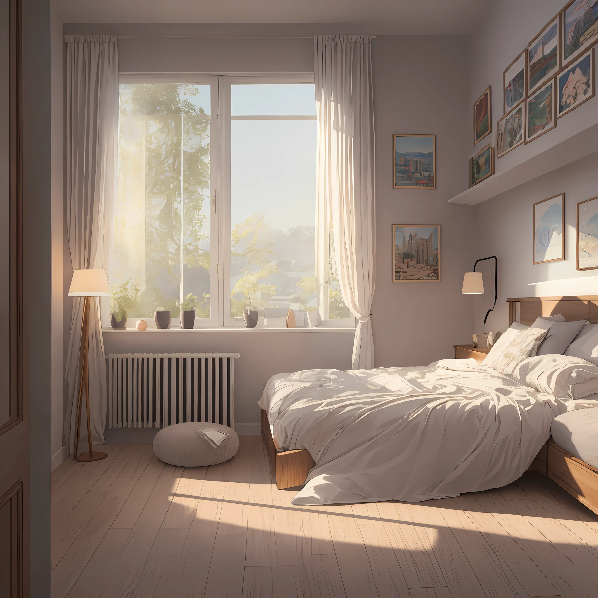 Masterpiece, best quality, high quality, very detailed CG unified 8k wallpaper, bedroom, interior, daytime, no humans, fit, landscape, bokeh, HDR, bloom, chromatic aberration, realism, very detailed, trends on artstation, trends on CGsociety, High detail, art by midjourney, technology, comfory, pixiv, room full of hobbies, one bed, cartoon, warm light