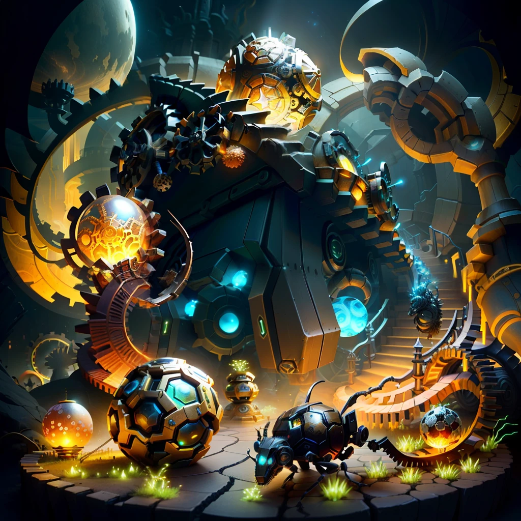 Mechanical anthill, glowing orbs inside, gears outside, fantasy steampunk background, ants entering game design, high resolution, Magic 3D-upscale