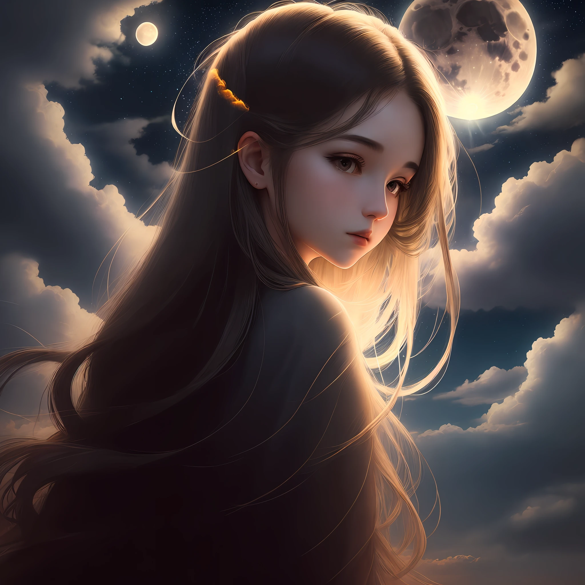 Masterpiece, Best Quality, Night, Hill, Clouds, Full Moon, Long Hair, Woman, Silhouette, Fireflies.