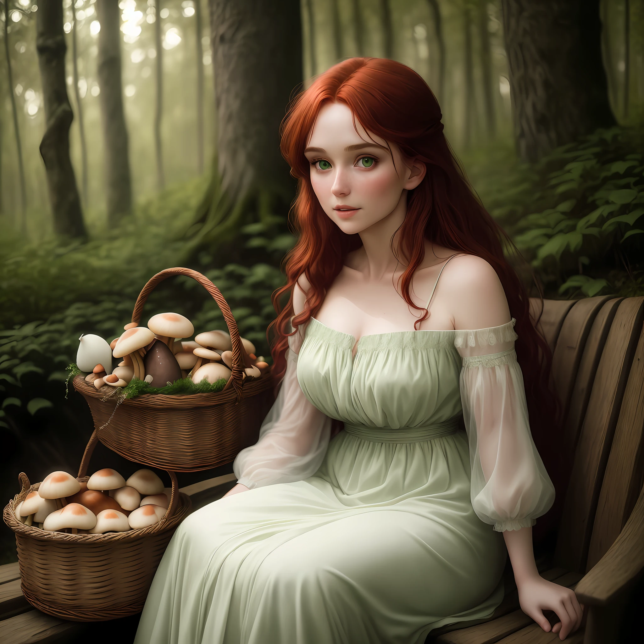 Detailed and realistic picture of a woman, with round green eyes and long disheveled dark red hair, in an emerald dress, skin texture, chapped lips, a basket of mushrooms in her hands, sitting on the edge of the forest, soft natural light, realistic photography, 85mm lens, magic photography, dramatic lighting, photorealism, ultra-detailed, intimate portrait composition, Cinestill 800T --testp --ar 9:16 --upbeta –;