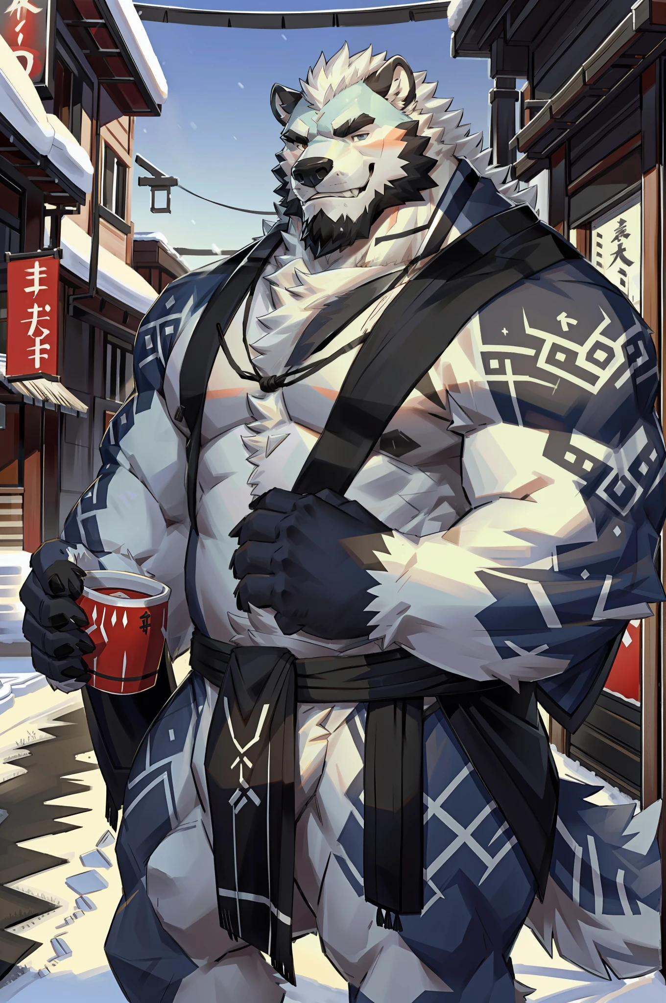 (morning), 1volibear, 独奏, 看着观众, winter, cowboy shot, (downtown), cowboy shot, smile,肌肉男，beard,middle-aged，white fundoshi,((open) black kimono)，japanese traditional clothes