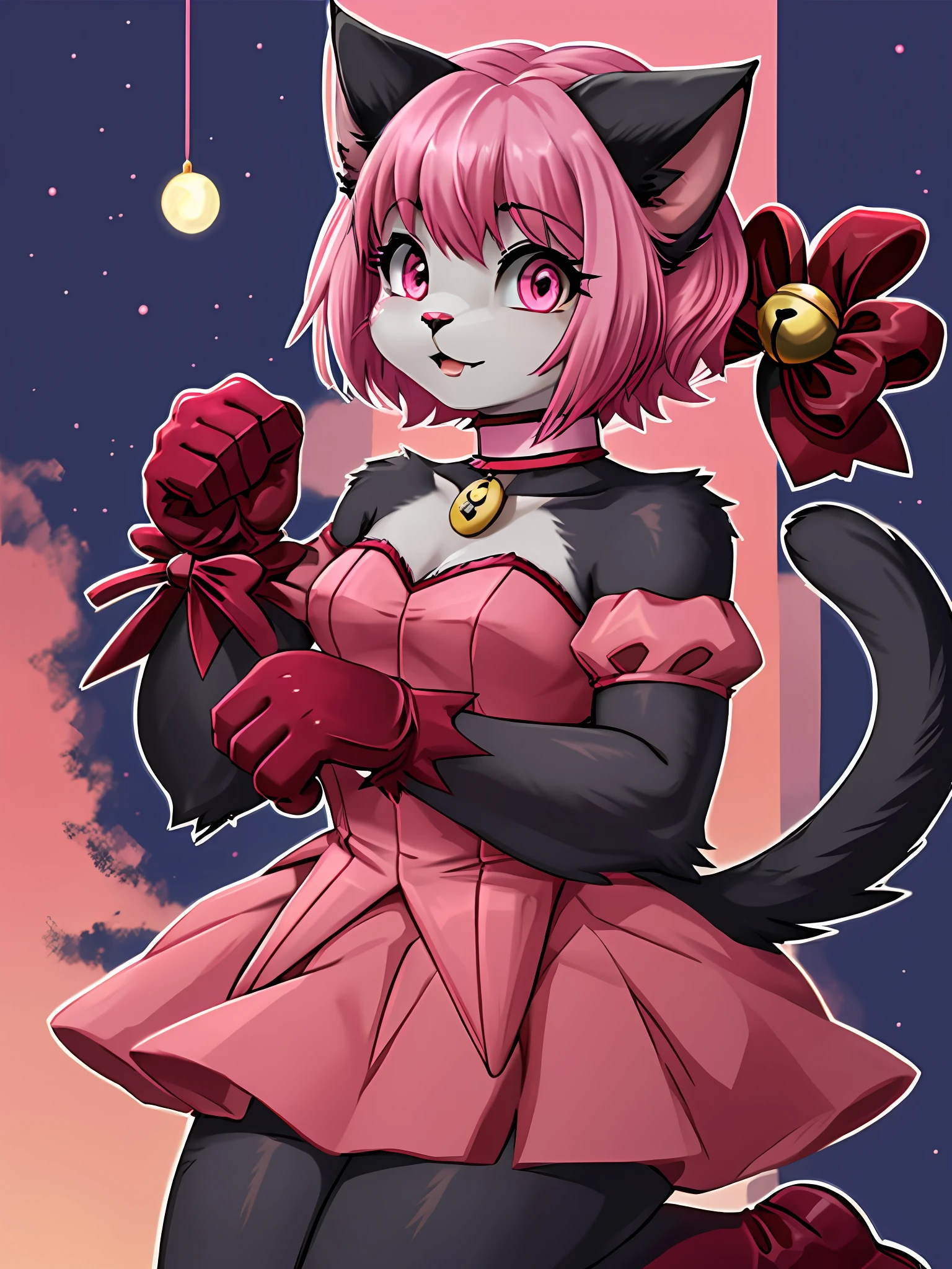 mi1, tail ornament, tail bow, gloves, cat tail, red gloves, tail bell, cat girl, choker, detached sleeves, pink dres, black fur, black skin, one girl, pink hair