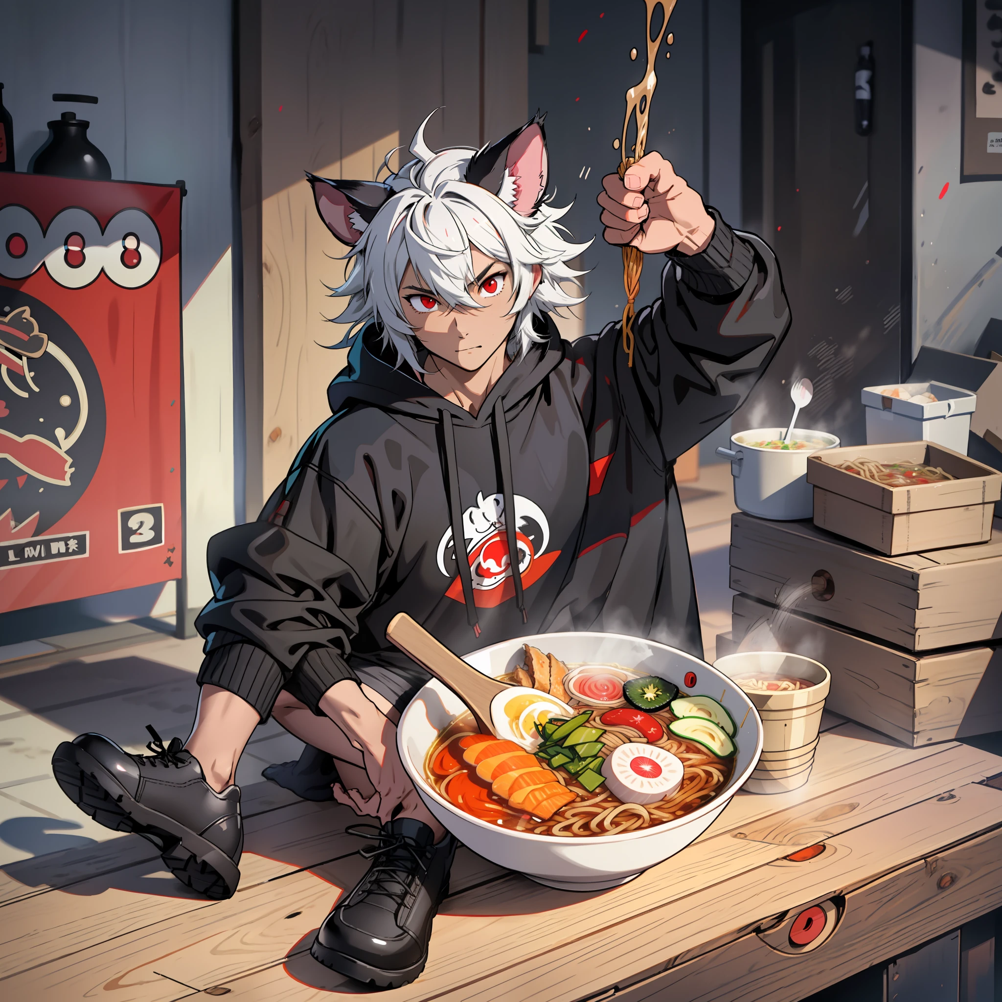 one boy inside a bowl of ramen, toned, flexing, sharp big possum ears, possum tail, big black messy hair, extremely vibrant red eyes, masterpiece, vibrant, micro thong , slim dark black hoodie, full body view, cute face, black thigh socks, combat boots.