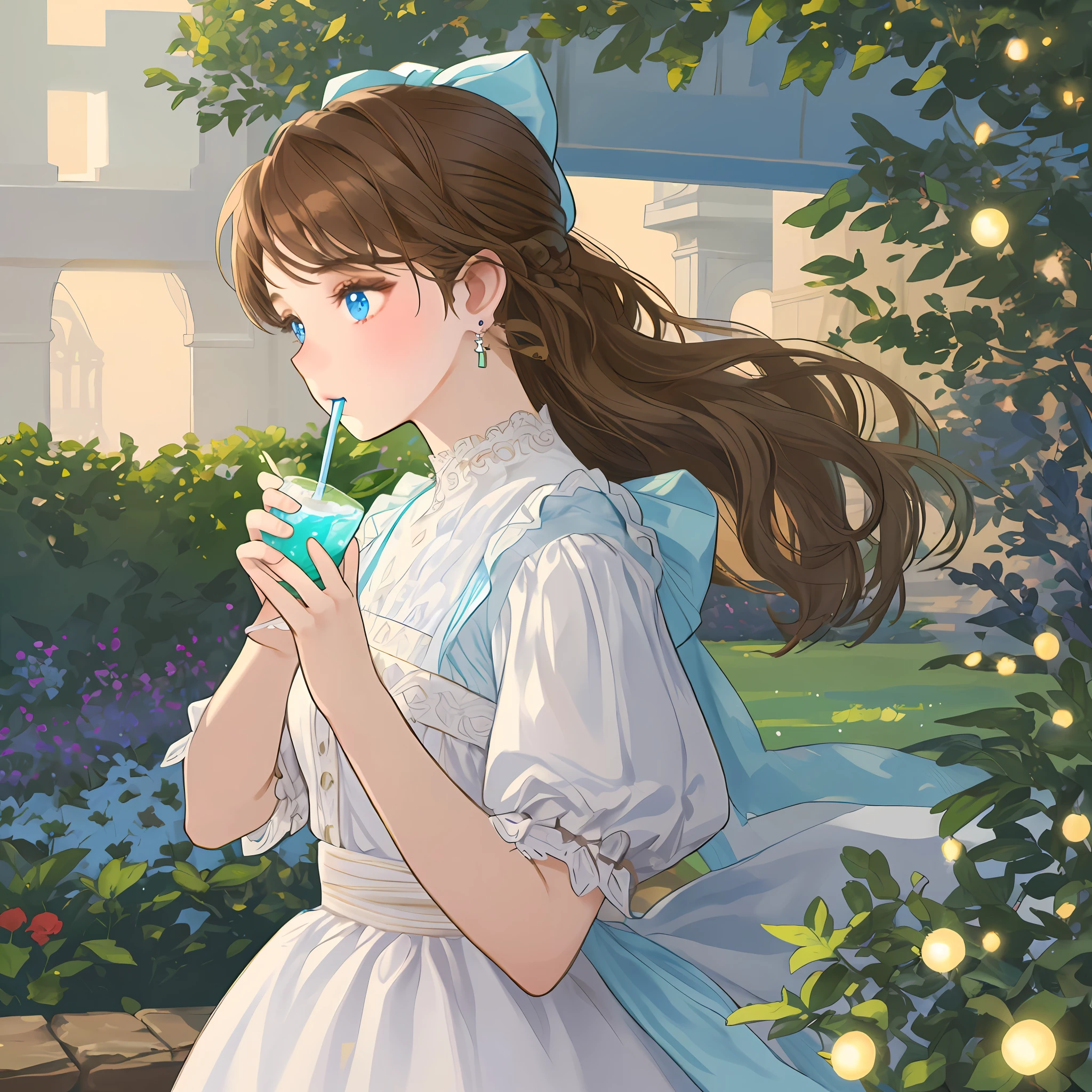 Girl drinking a drink with a straw, tender wardrobe, brown hair, straight bangs, light blue eyes, profile, earrings in bow cap, garden background, bright lights,