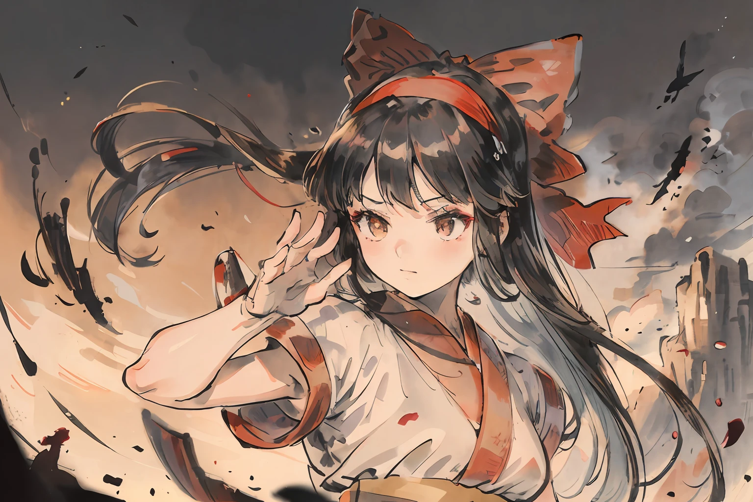 masterpiece, best quality,1girl, red bow, bow, long hair, hair bow, ainu clothes, solo, hairband, bird, black hair, fingerless gloves, short sleeves, gloves, sash, pants, bangs, red hairband, weapon, breasts, brown eyes, white pants, japanese clothes, nakoruru, light smile, officials art, good composition, official pose, detailed portrait, portrait, bokeh, mountain background with cloud, pencil style, traditional brush, samurai, onmyoji style, high resolution, dramatic lighting and shadow, sun flared, blurry foreground