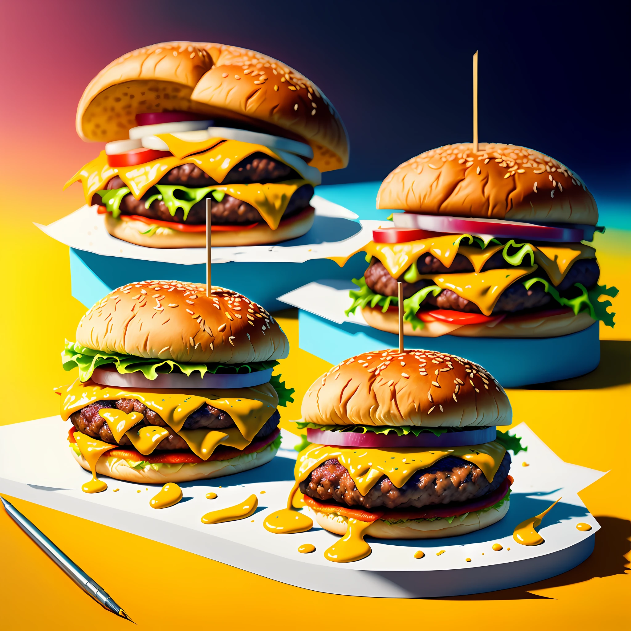 A Cheesburger sitting on a table, hyper realistic digital painting, color hyperrealism, amazing food illustration, blender cheesburger, amazing food photography, hyper realistic oil painting, hyper realistic color photo, ultra realistic oil painting, realistic color photography, hyper realistic oil painting, hyper realistic oil painting, beautiful 3d rendering, hyper realistic digital painting