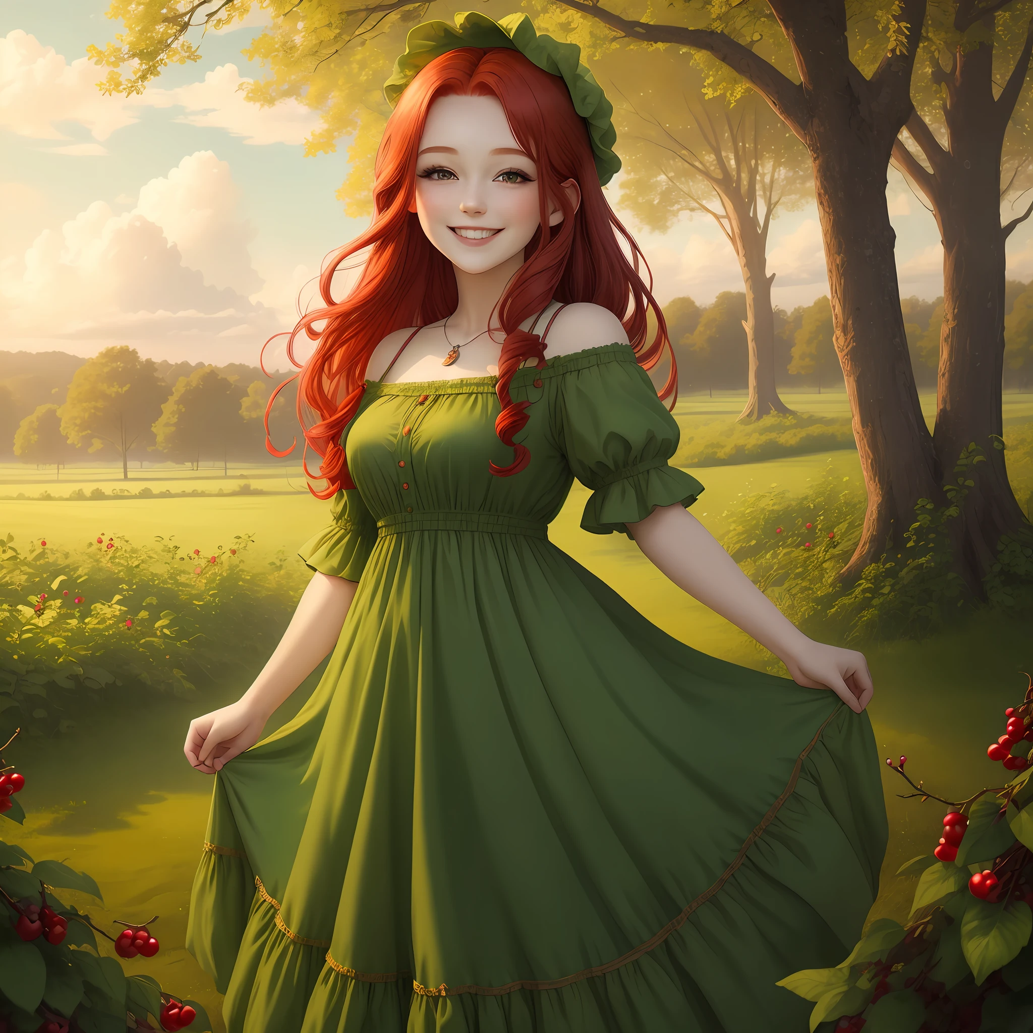 masterpiece, best quality, dawn, glade with berries, clouds, red hair, woman, smiling, in a green dress
