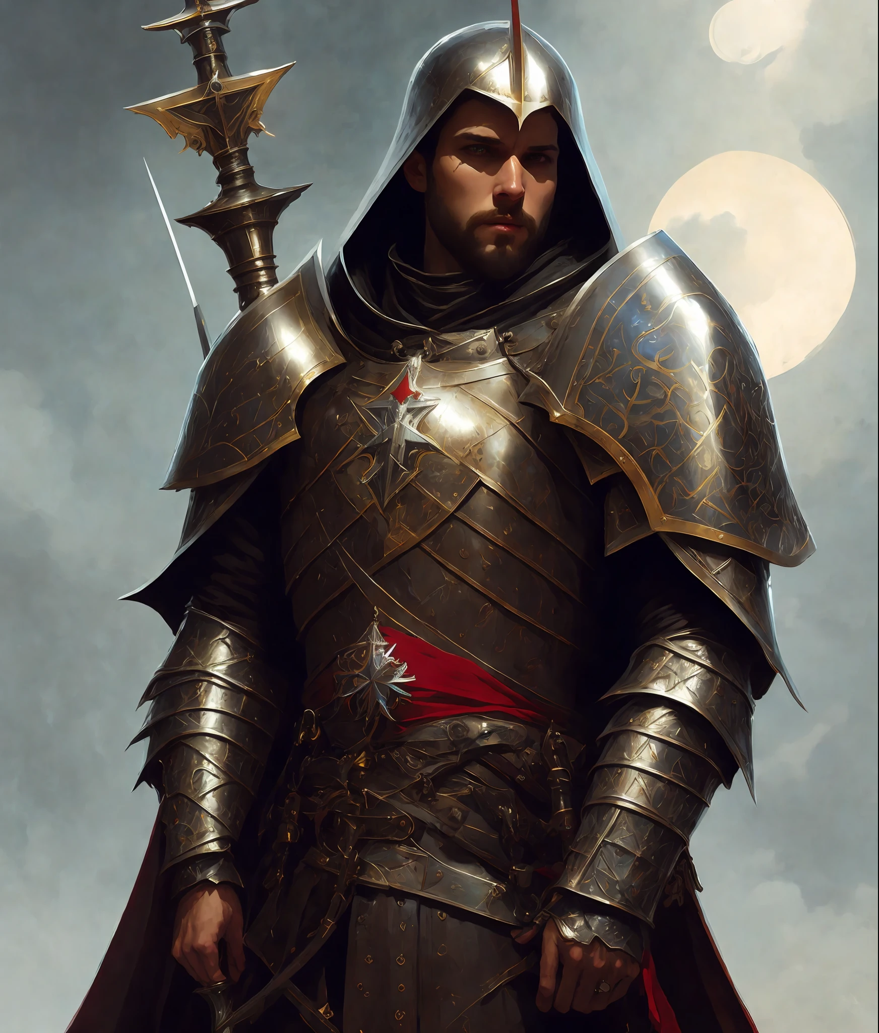 A centralized ((Portrait)) in front view and fullbody of a ((templar knight)) in the ((dark atmospheric)), pintura digital por Jeremy Lipking, por Antonio J. Manzanedo, Alphonse Mucha, Fuller Graves, Bartolome Esteban Murillo, JC Leyendecker, Craig Mullins, Peter Paul Rubens  pintura detalhada, CGSetivity, ArtStation HD, alto detalhe, Photorealism, Concept Art, ArtStation HD, arte oficial, tendência no artstation.