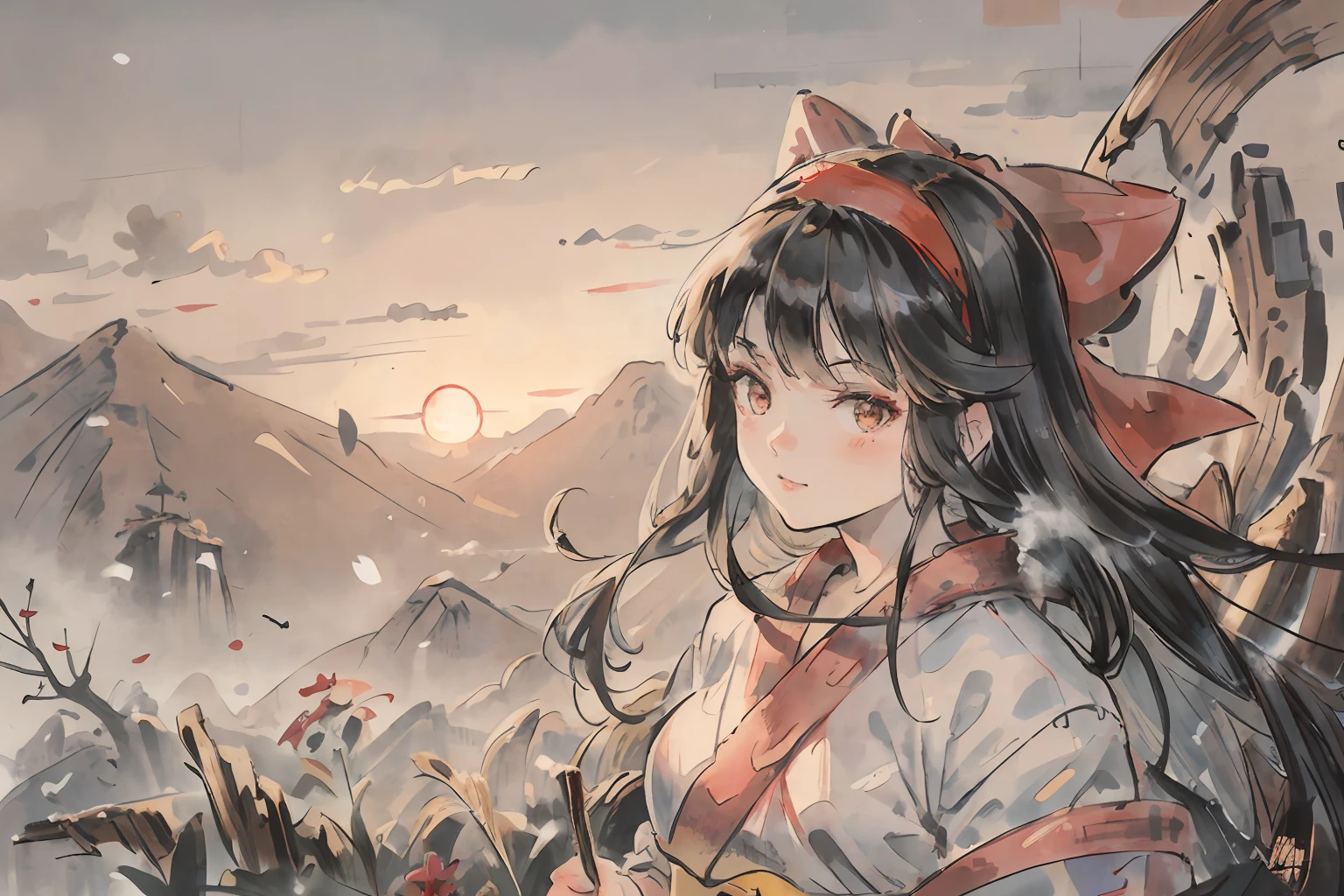 masterpiece, best quality,1girl, red bow, bow, long hair, hair bow, ainu clothes, solo, hairband, bird, black hair, fingerless gloves, short sleeves, gloves, sash, pants, bangs, red hairband, weapon, breasts, brown eyes, white pants, japanese clothes, nakoruru, light smile, officials art, good composition, official pose, detailed portrait, portrait, bokeh, mountain background with cloud, pencil style, traditional brush, samurai, onmyoji style, high resolution, dramatic lighting and shadow, sun flared, blurry foreground