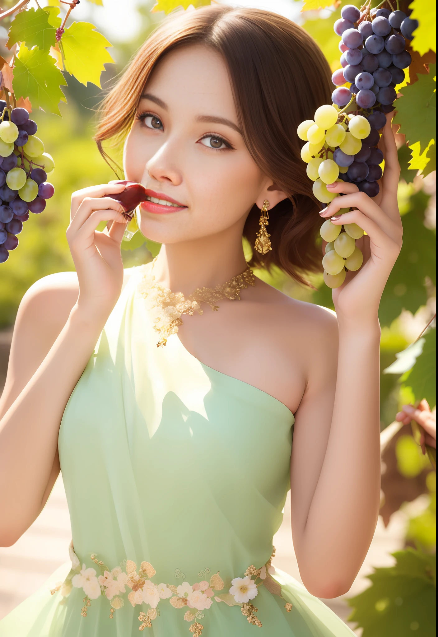 There was a woman holding a bunch of grapes in her hand, young and lovely girl, translucent grapes