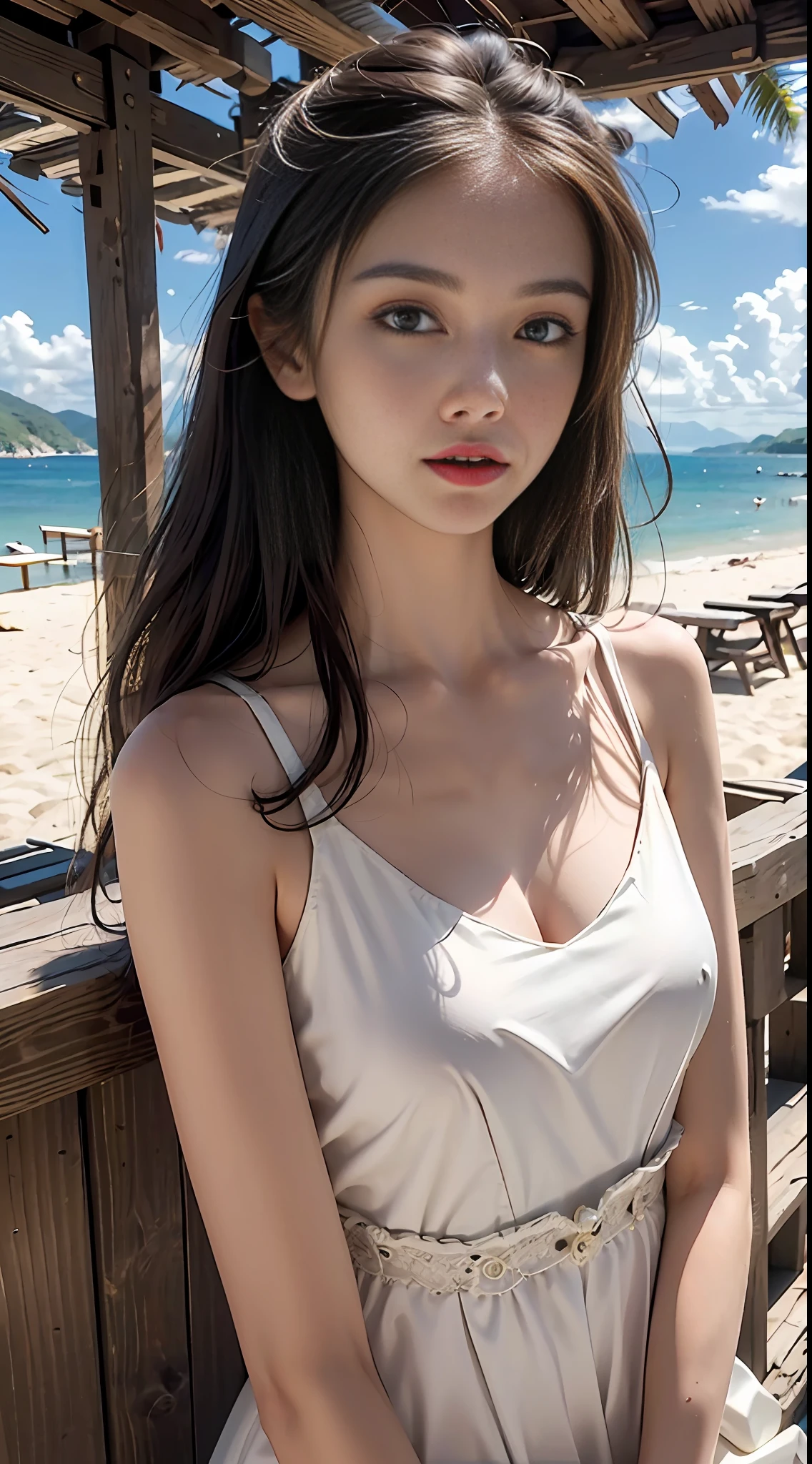 Masterpiece, best quality, Ultra HD, very, best quality,
Bust, (straight: 1.2), upper body,
An extremely delicate and beautiful girl,
(for the audience: 1.2), perspective,
Long hair, messy hair, medium breasts,
waistcoat
seaside, beach, sun, detailed background,