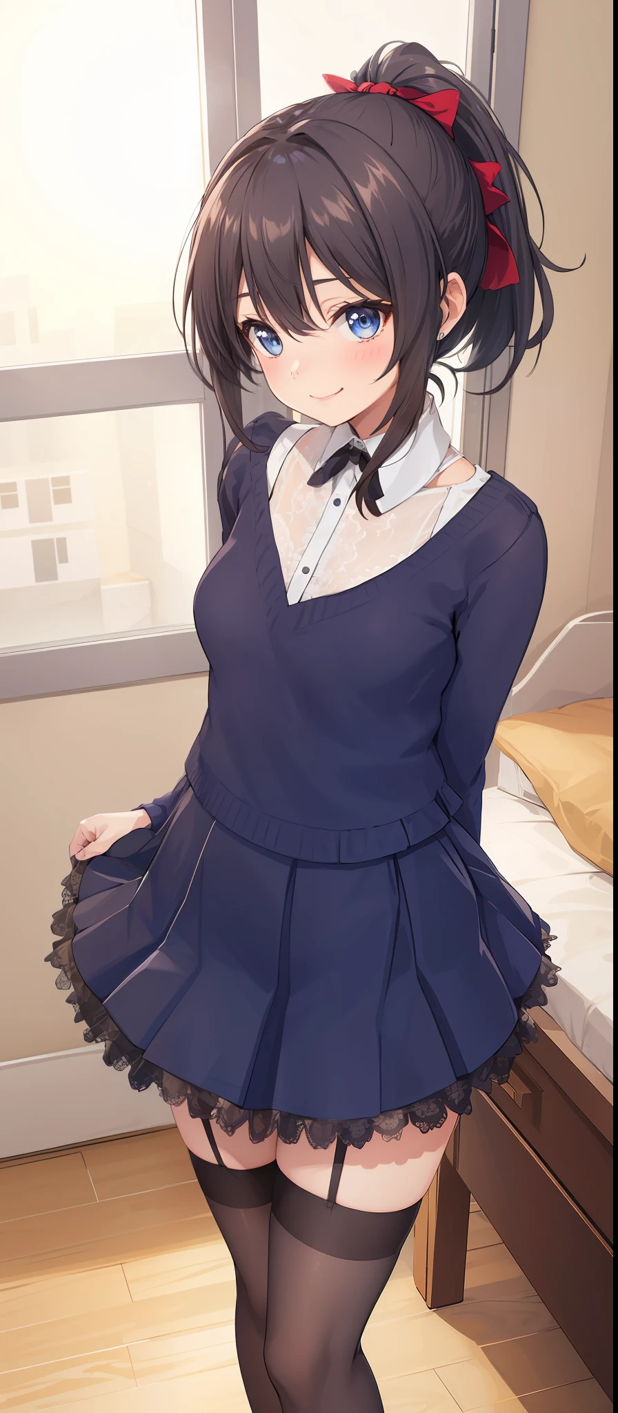 1girl, pleated skirt, sundress, head hair twintail, 1girl, blue eyes, collar, masterpiece, HD, vibrant, full body view, smile, sexy, teasing look, in lace underwear, ?????, look, lace panties, small chest, ponytail, lace panties, flat chested, skirt, in love, lace underwear, in the bedroom, ponytail hairstyle, big bow in hair, school uniform