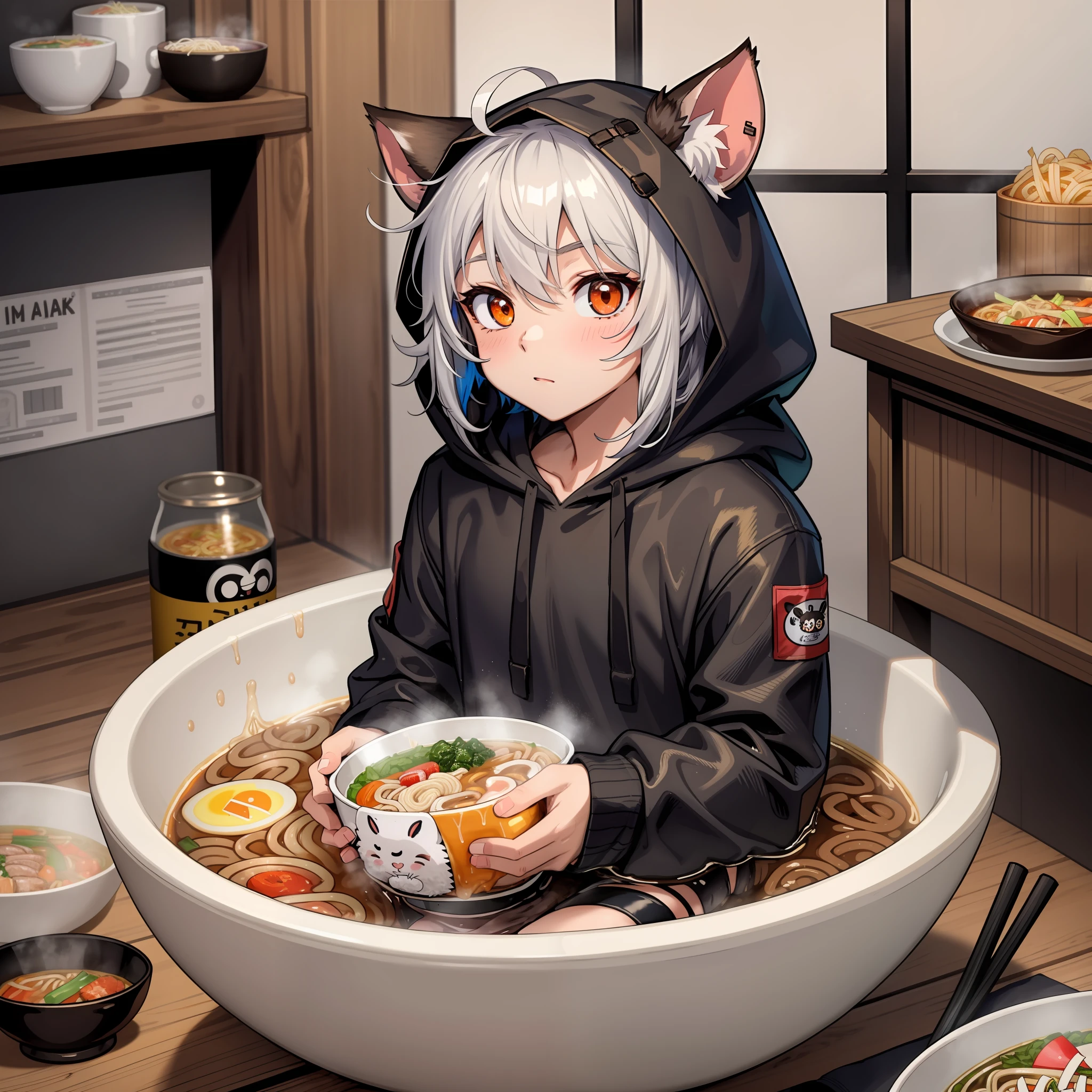 one possum boy inside a bowl of ramen, toned, flexing, possum  ears, big black messy hair, masterpiece, vibrant, slim dark black hoodie, full body view, cute face, black thigh socks, combat boots.