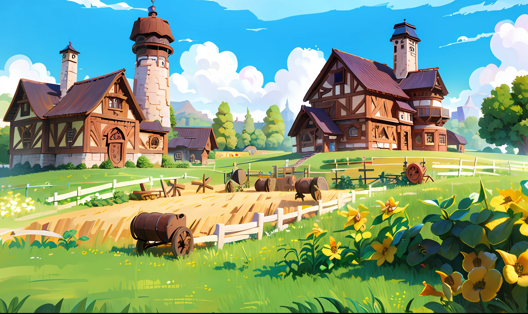 Best quality, masterpiece, European and American cartoon scenes, large farm buildings, farm fences and crops, incredible design, super detail, epic composition, ultra HD, high quality, extremely detailed, official art, unified 8k wallpaper, 32k