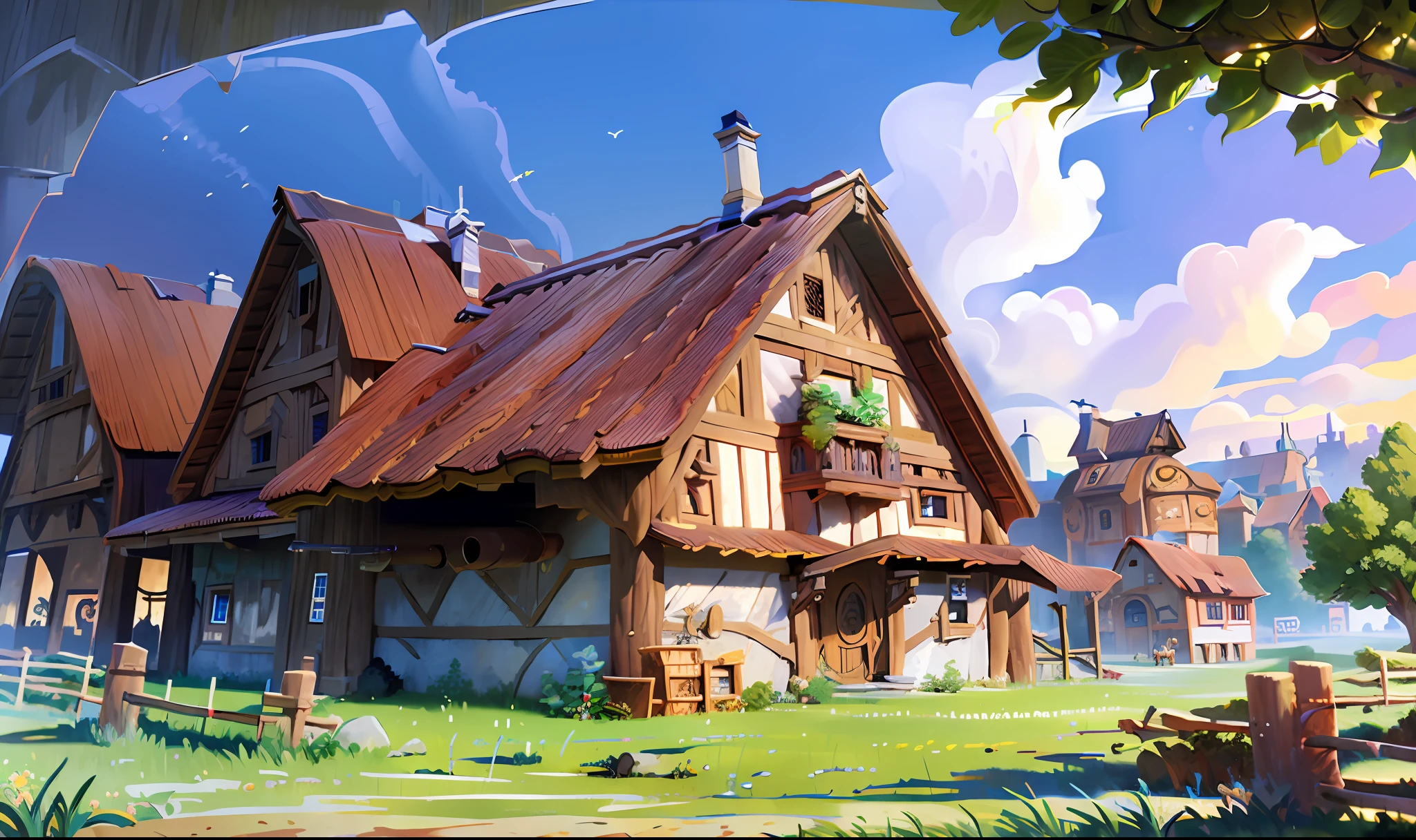 Best quality, masterpiece, European and American cartoon scenes, large farm buildings, farm fences and crops, incredible design, super detail, epic composition, ultra HD, high quality, extremely detailed, official art, unified 8k wallpaper, 32k