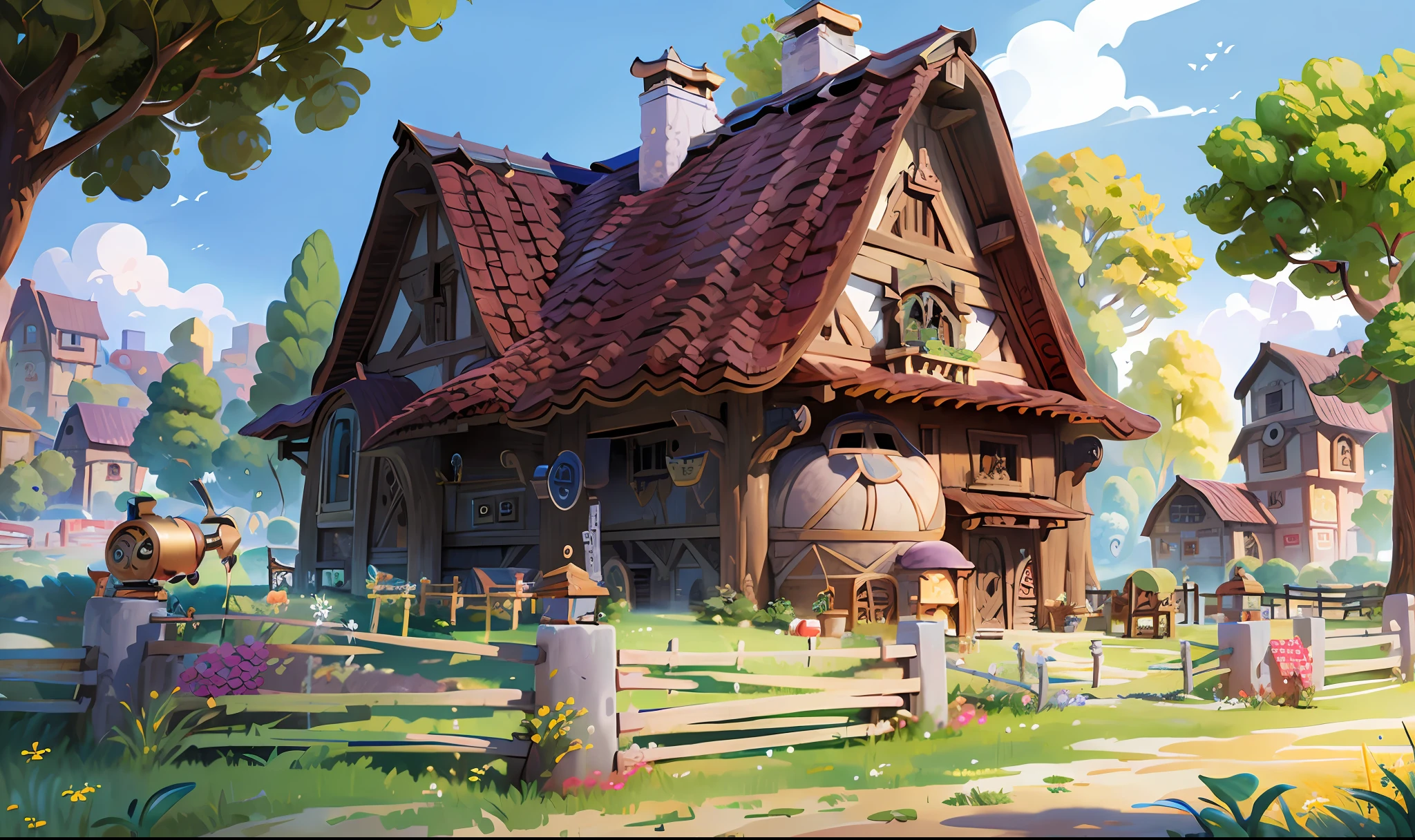 Best quality, masterpiece, European and American cartoon scenes, large farm architecture, fantastic design, farm fence and crops, super detail, epic composition, ultra HD, high quality, extremely detailed, official art, unified 8k wallpaper, 32k